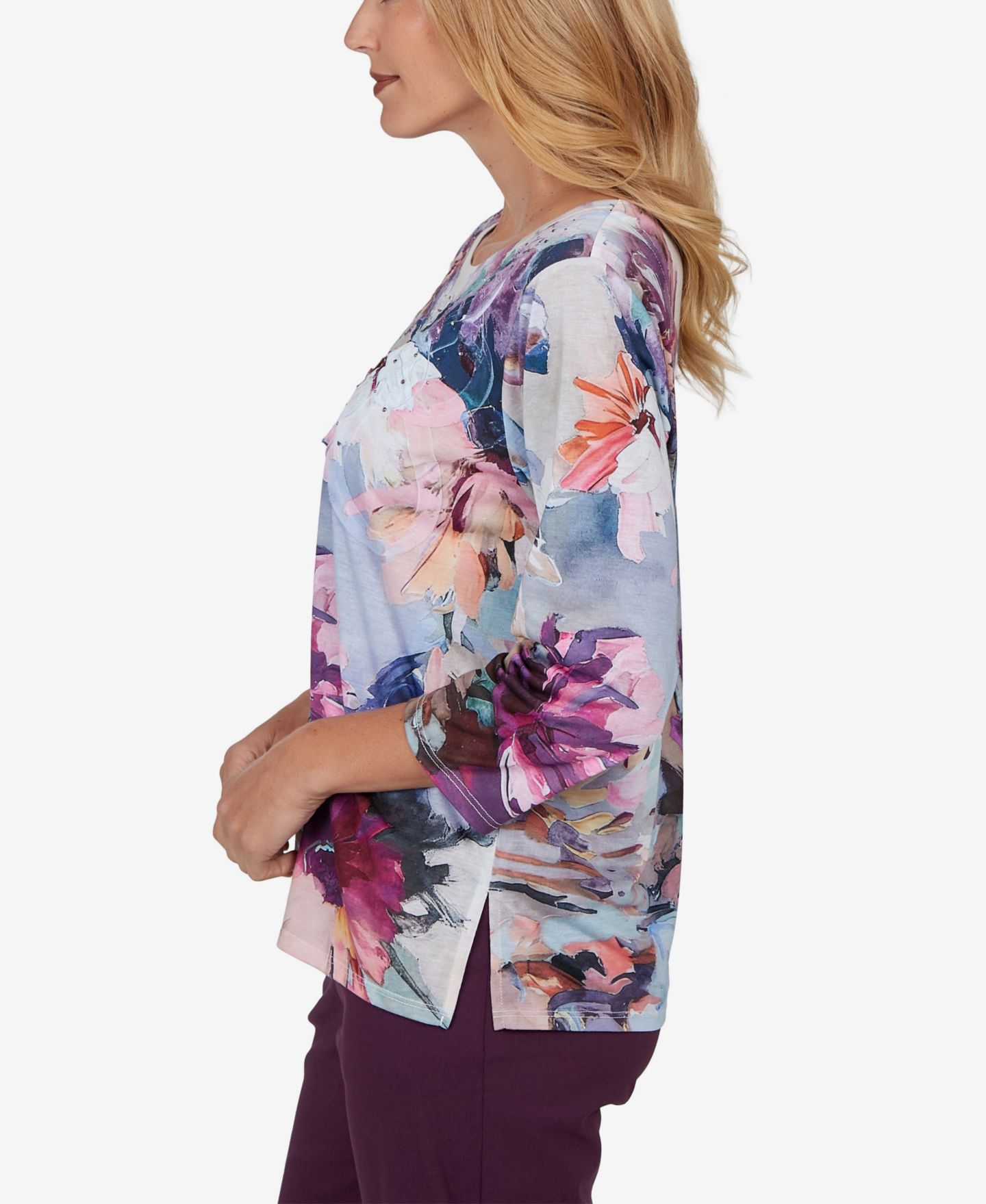 Женская футболка Alfred Dunner Petite Floral-Print 3/4-Sleeve, цвет: Разноцветный — фото 3