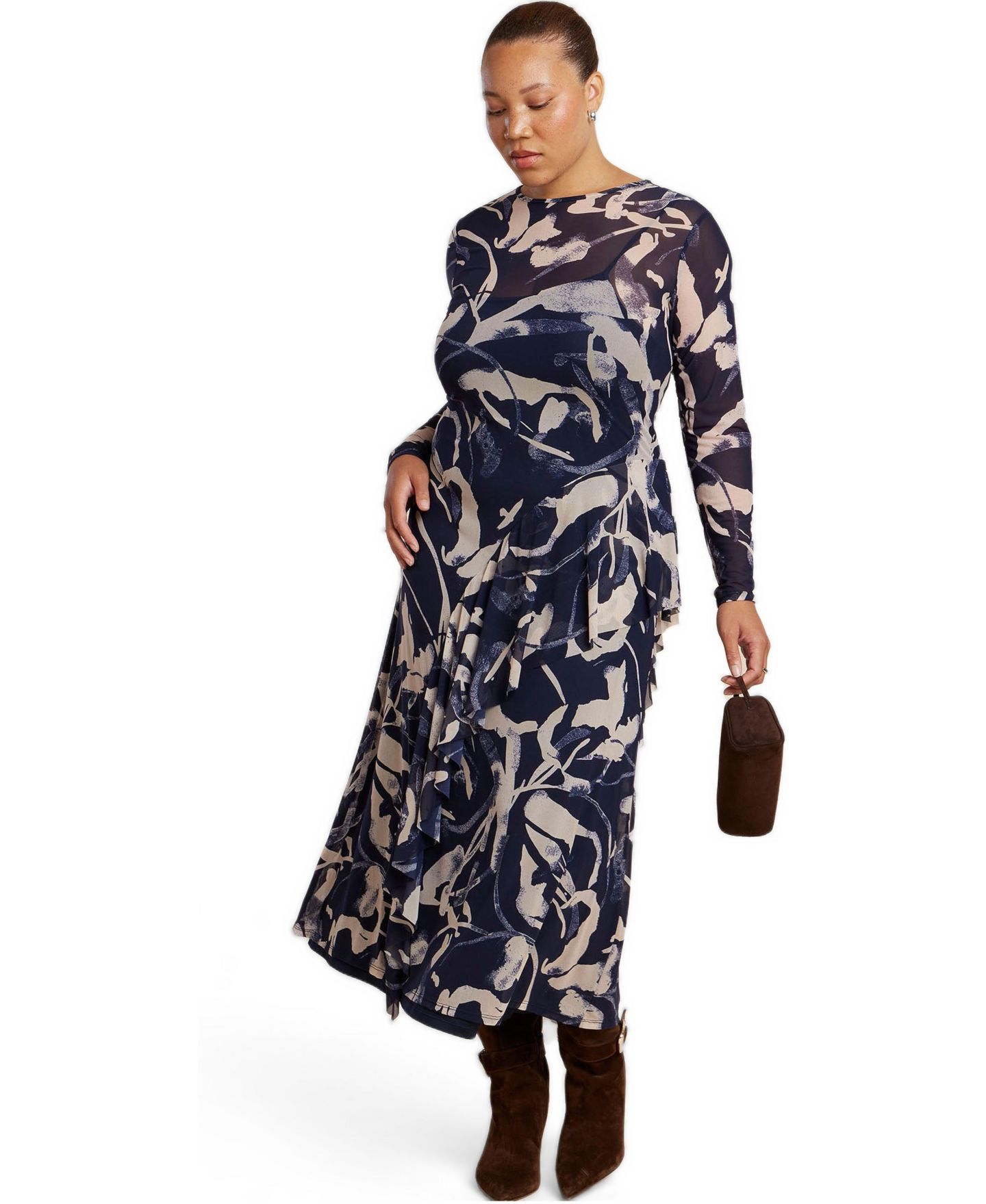 Женское платье ELOQUII Plus Size Asymmetrical Printed Long-Sleeve Midi, цвет: Чернильный тёмно-синий — фото 2