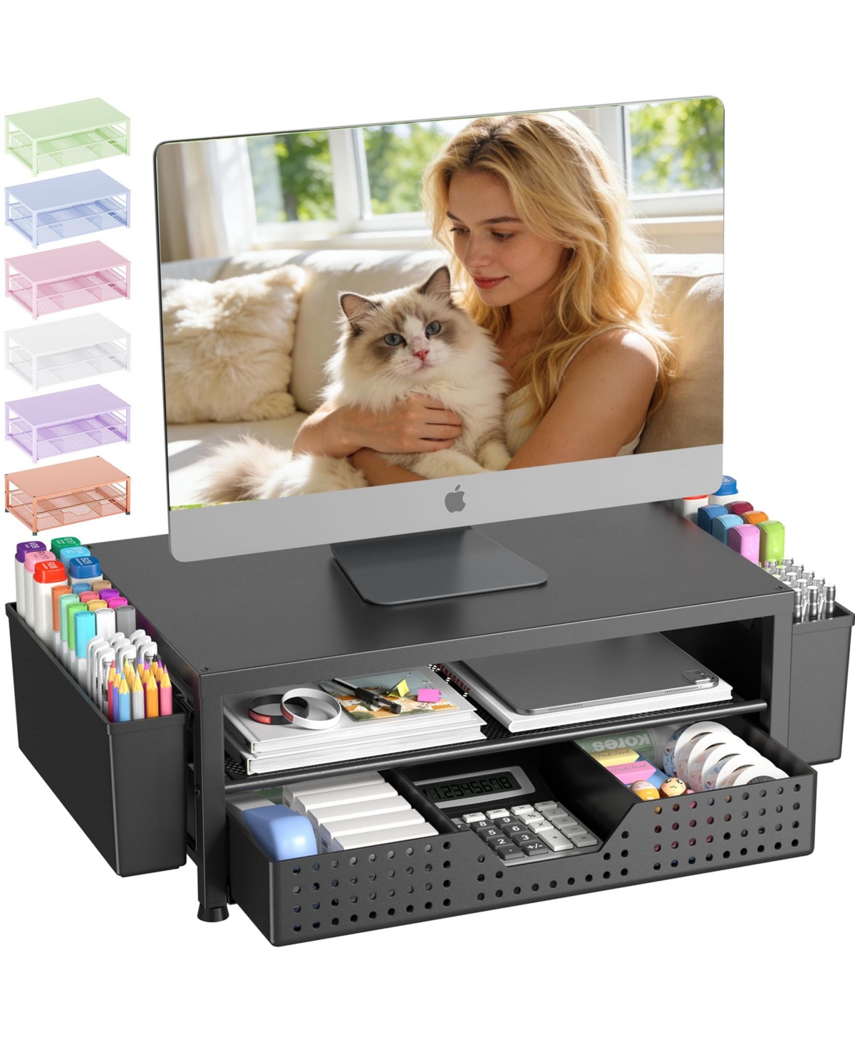 Four Candies Monitor Stand Riser With Drawer Pen Holders Desk Organizer For Office Home Workspace - Black