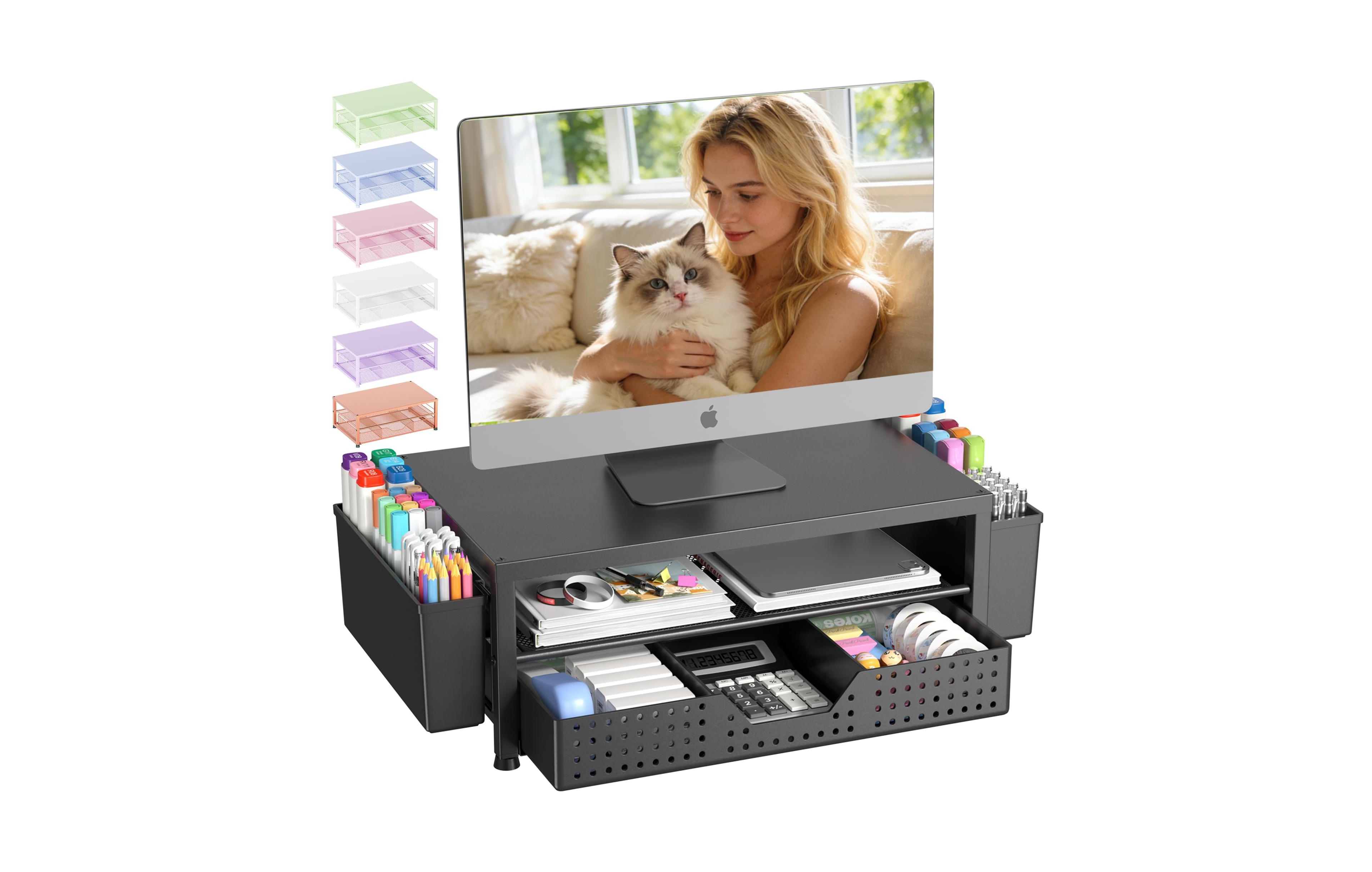 Four Candies Monitor Stand Riser With Drawer Pen Holders Desk Organizer For Office Home Workspace