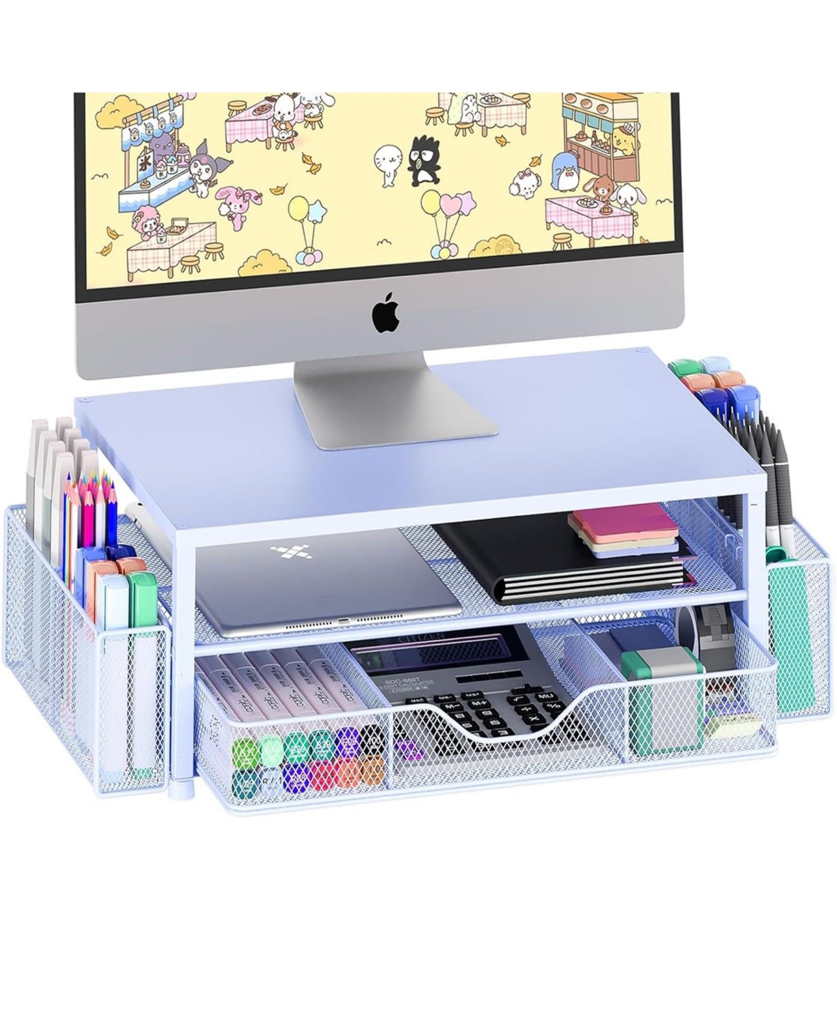 Four Candies Monitor Stand Riser With Drawer Pen Holders Desk Organizer For Office Home Workspace - Blue 1-pack