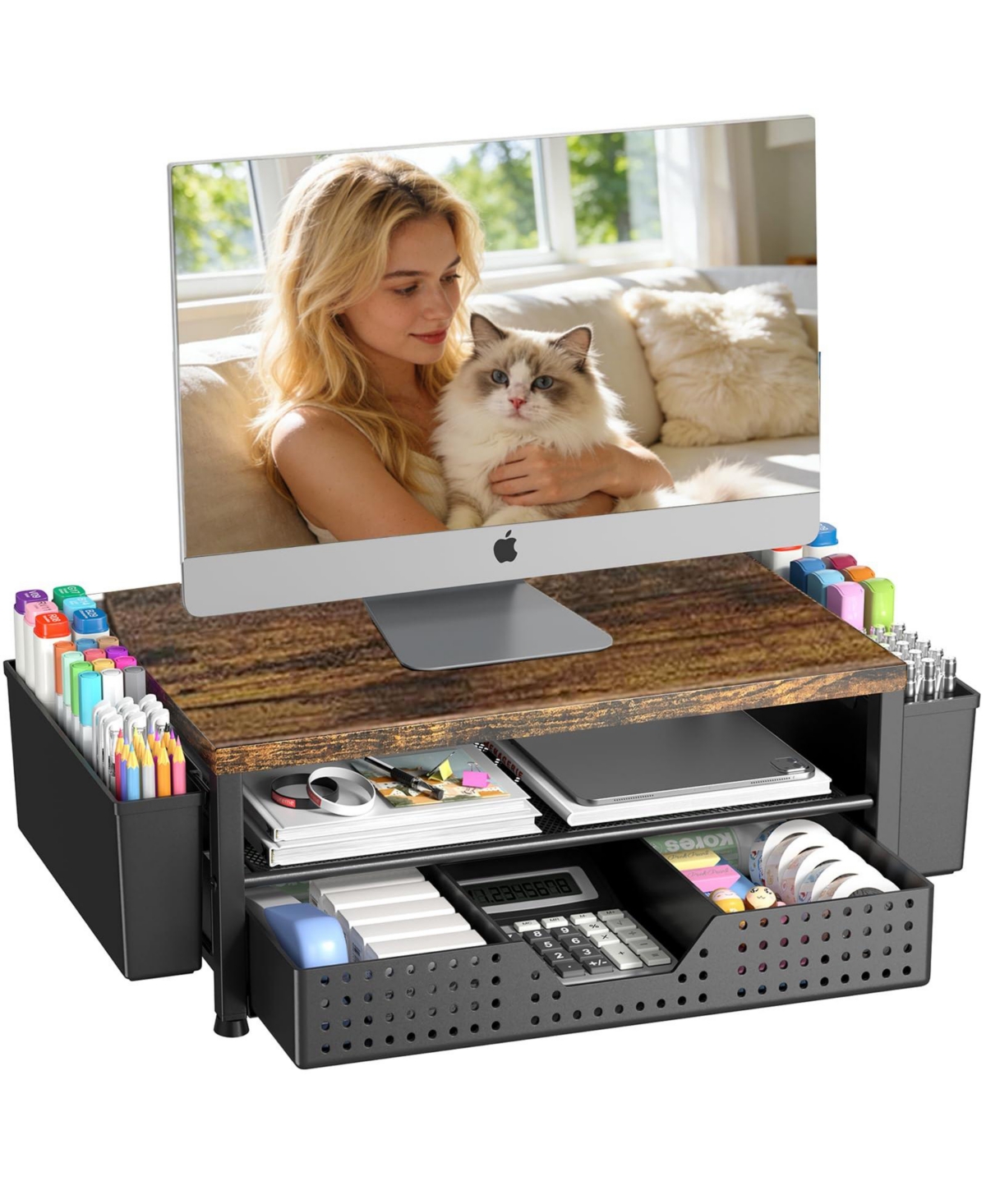 Four Candies Monitor Stand Riser With Drawer Pen Holders Desk Organizer For Office Home Workspace - Brown