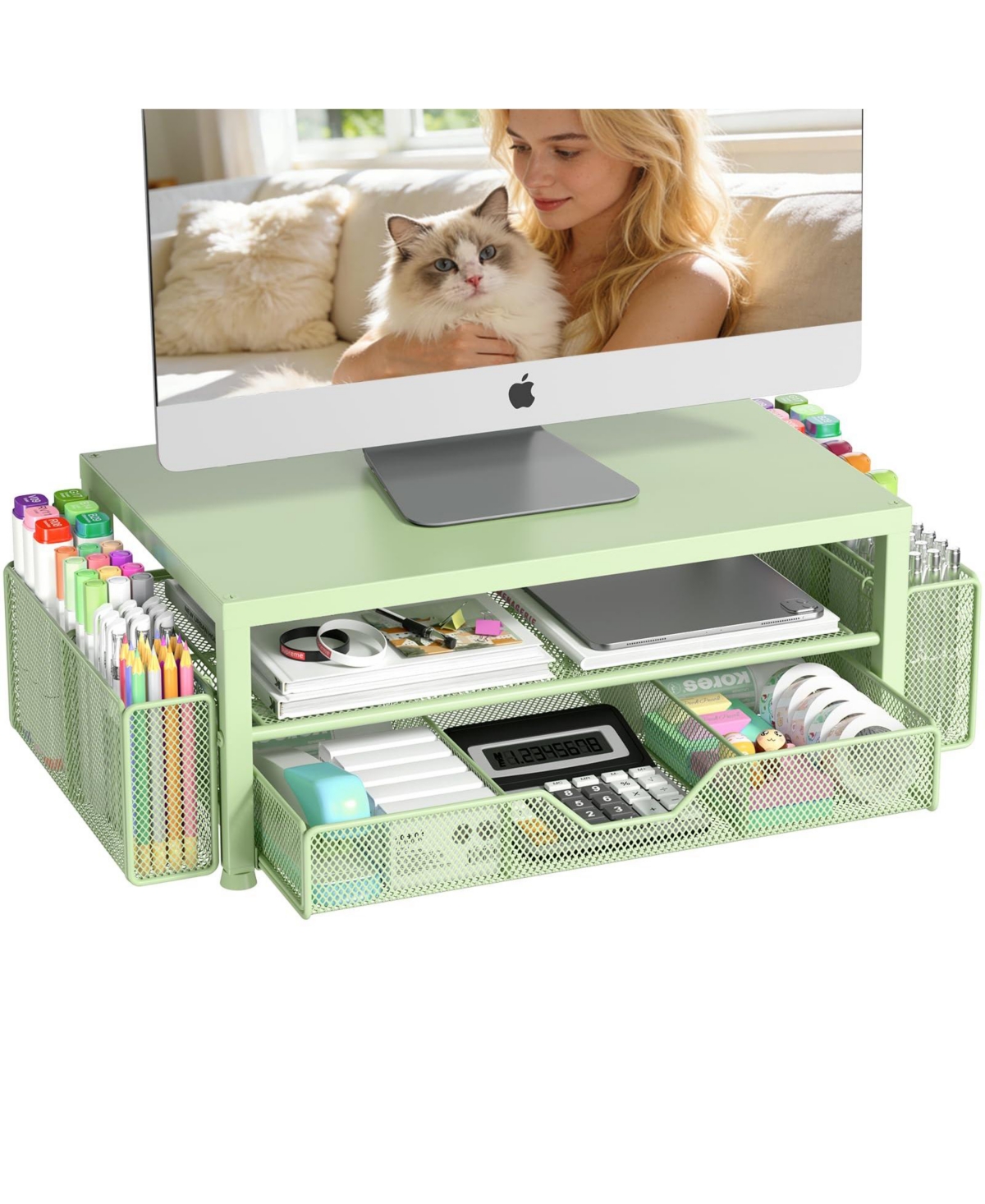 Four Candies Monitor Stand Riser With Drawer Pen Holders Desk Organizer For Office Home Workspace - Green 1-pack