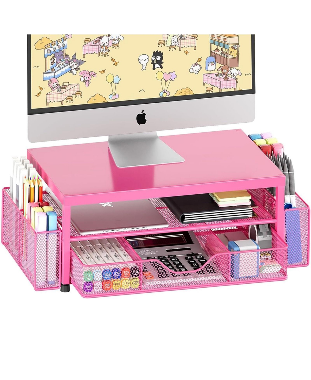 Four Candies Monitor Stand Riser With Drawer Pen Holders Desk Organizer For Office Home Workspace - Carmine rose 1-pack