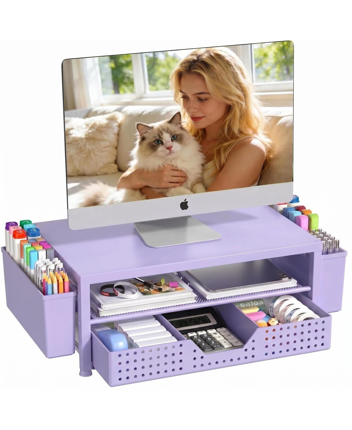 Four Candies Monitor Stand Riser With Drawer Pen Holders Desk Organizer For Office Home Workspace - Purple