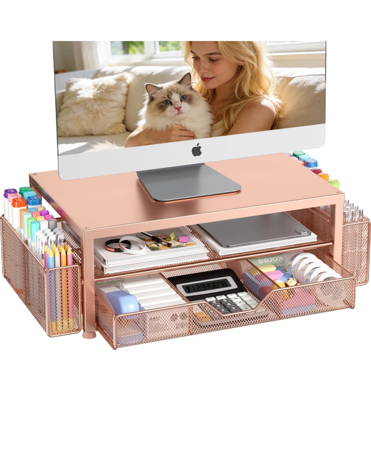 Four Candies Monitor Stand Riser With Drawer Pen Holders Desk Organizer For Office Home Workspace - Rose