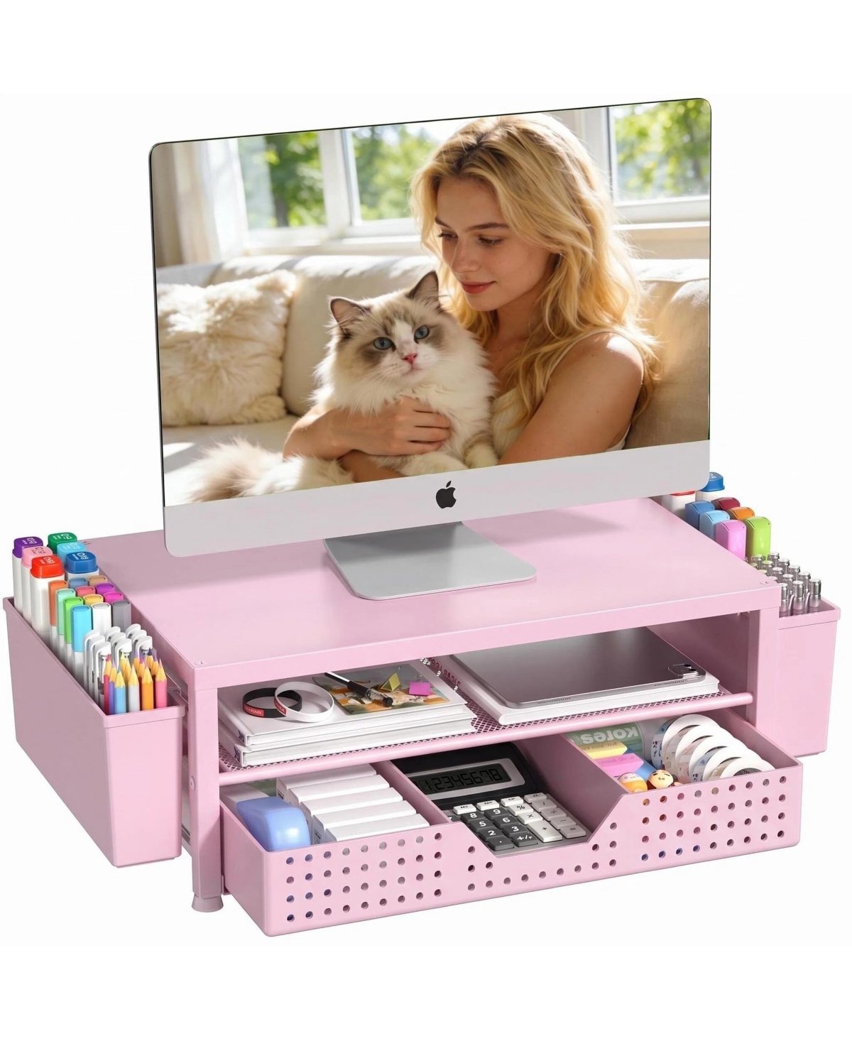 Four Candies Monitor Stand Riser With Drawer Pen Holders Desk Organizer For Office Home Workspace - Pink