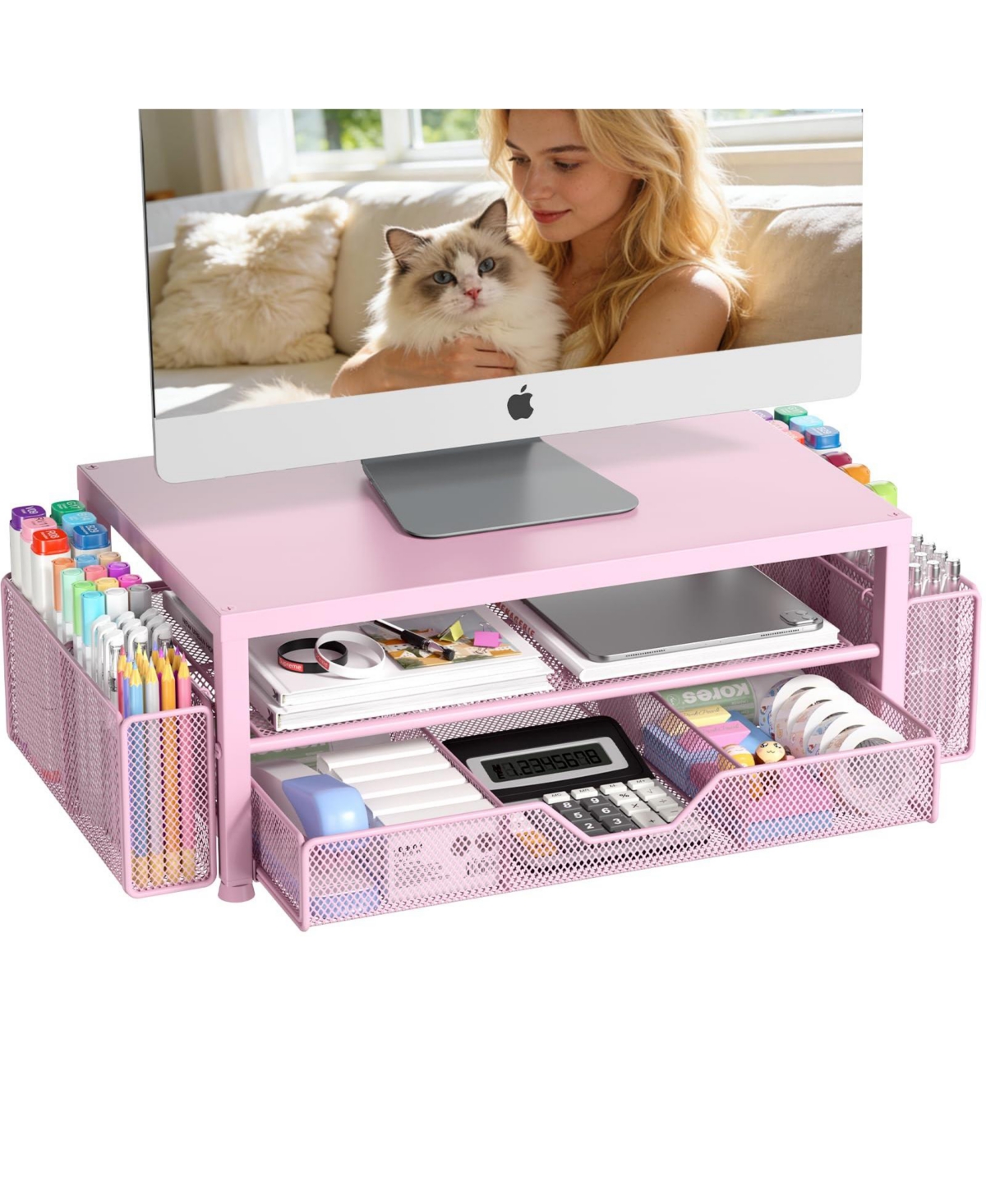 Four Candies Monitor Stand Riser With Drawer Pen Holders Desk Organizer For Office Home Workspace - Soft pink