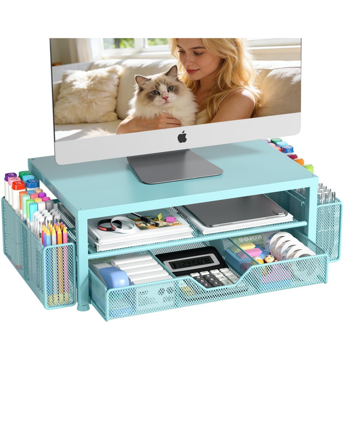 Four Candies Monitor Stand Riser With Drawer Pen Holders Desk Organizer For Office Home Workspace - Soft blue