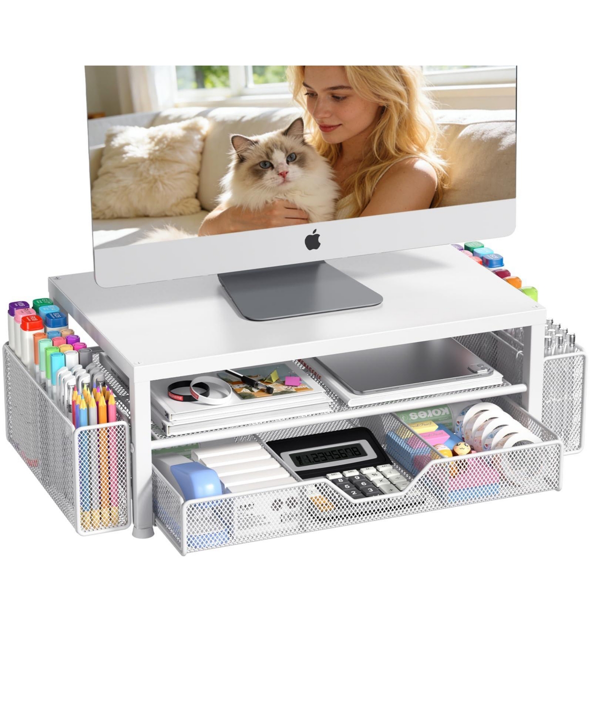 Four Candies Monitor Stand Riser With Drawer Pen Holders Desk Organizer For Office Home Workspace - White