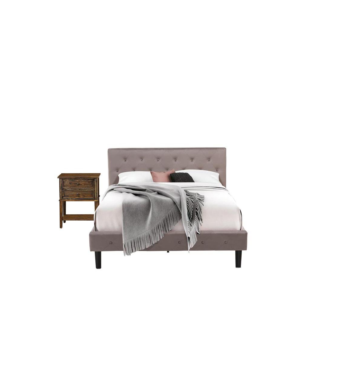 East West Furniture NL14Q-1VL07 2 Pc Bed Set - 1 Bed Brown Taupe Velvet Fabric Headboard and 1 Night Stand