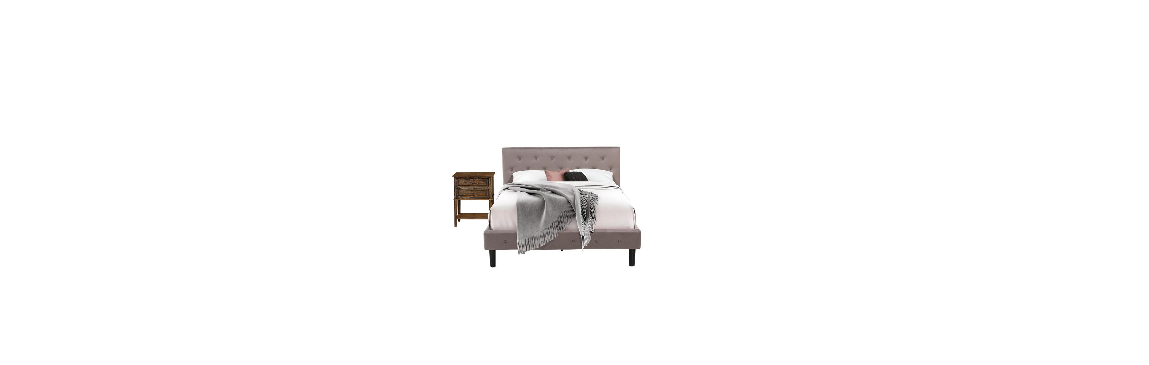 East West Furniture NL14Q-1VL07 2 Pc Bed Set - 1 Bed Brown Taupe Velvet Fabric Headboard and 1 Night Stand