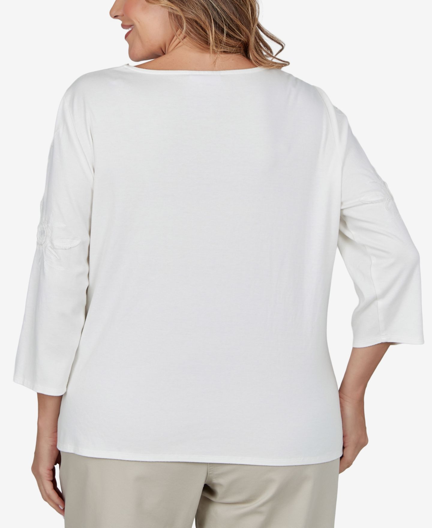Женский свитер Alfred Dunner Plus Size 3/4-Sleeve Floral Embroidery Pullover Blouse, цвет: Слоновая кость — фото 5