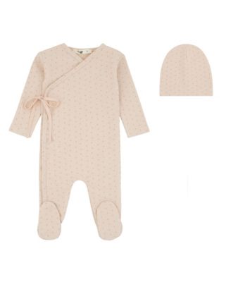 Baby Girls' Wrap-Front Dot-Print Cotton-Blend Wrap-Style Footie and Beanie, 2-Piece Set