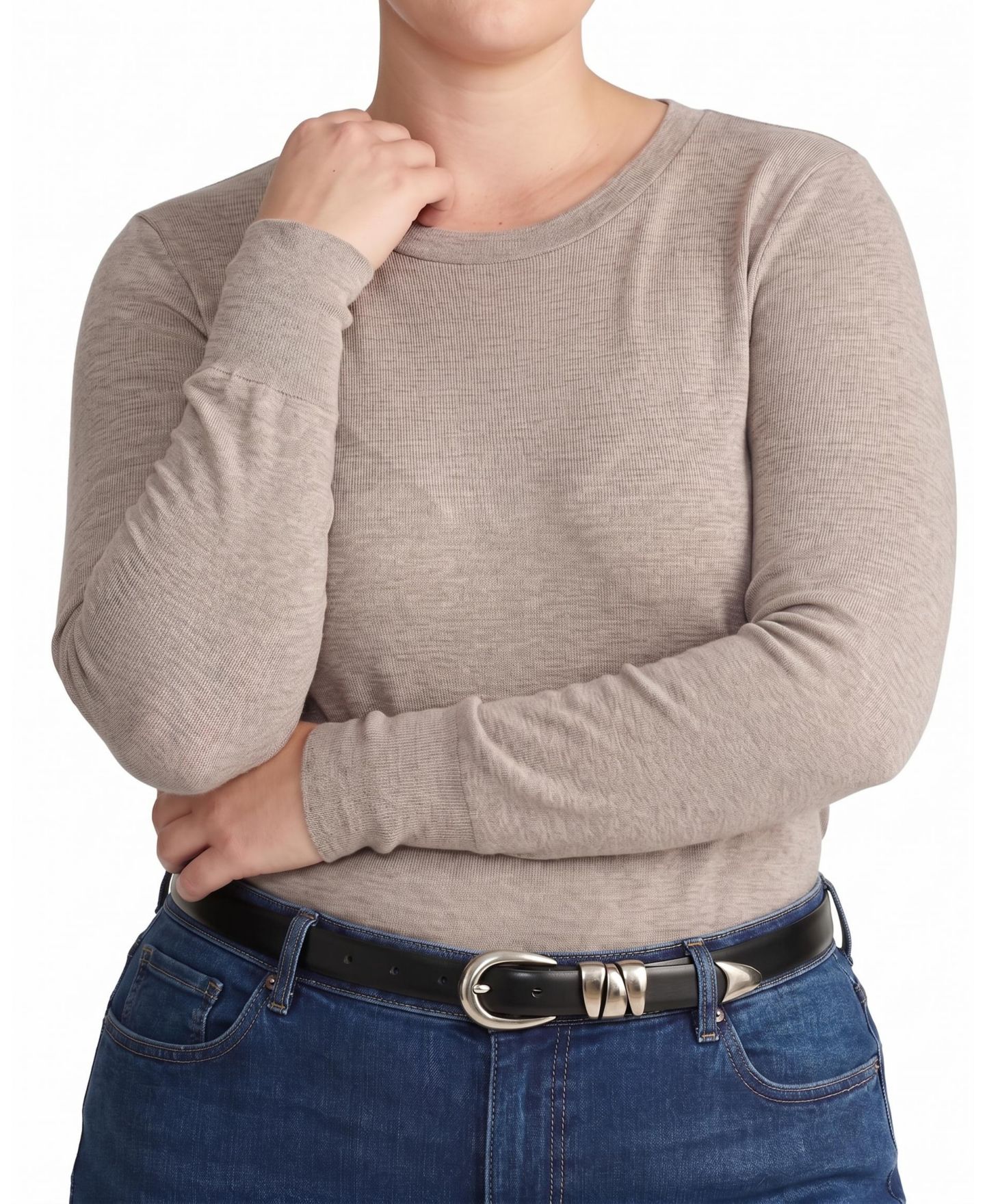 Женская футболка Universal Standard Plus Size Cloud Rib Fine-Ribbed Long-Sleeve Crewneck, цвет: Миндальный пыльный — фото 1