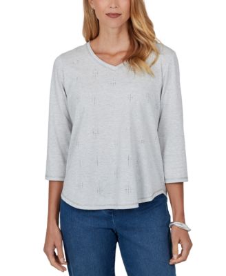 Petite V-Neck 3/4-Sleeve Curved-Hem Cotton-Blend T-Shirt