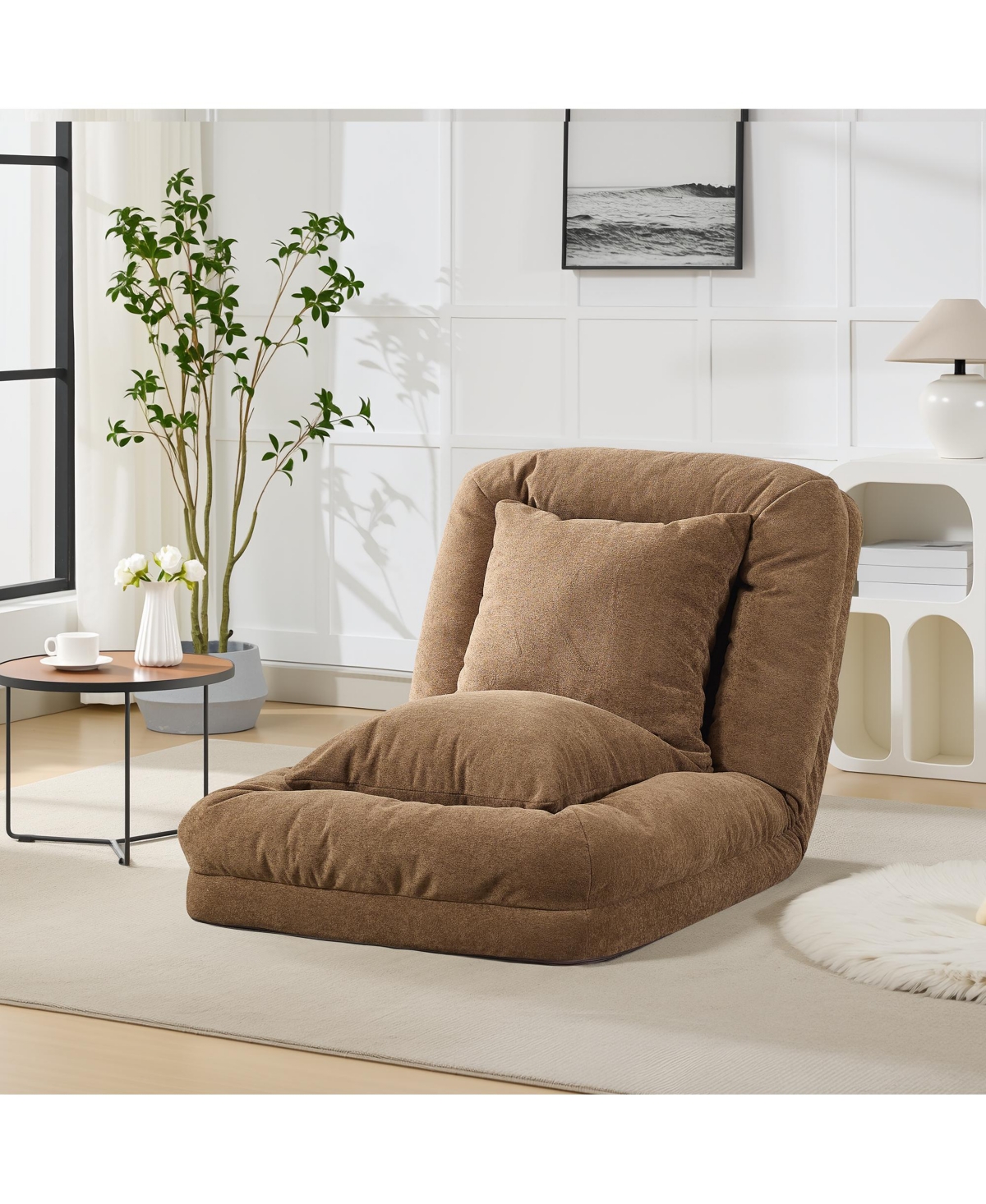 Lalfpet Convertible Human and Dog Sofa Bed - 5-Position Adjustable Chenille Lounge with 2 Pillows, Sturdy Metal Frame - Brown