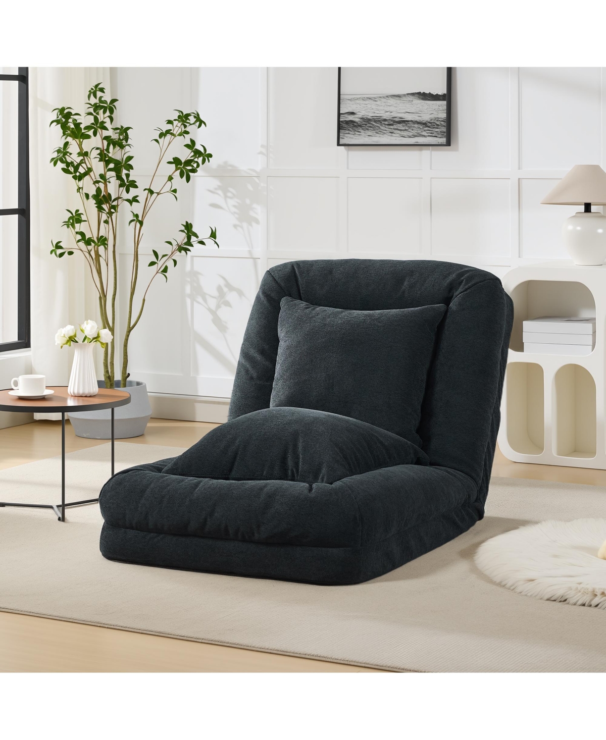 Lalfpet Convertible Human and Dog Sofa Bed - 5-Position Adjustable Chenille Lounge with 2 Pillows, Sturdy Metal Frame - Black