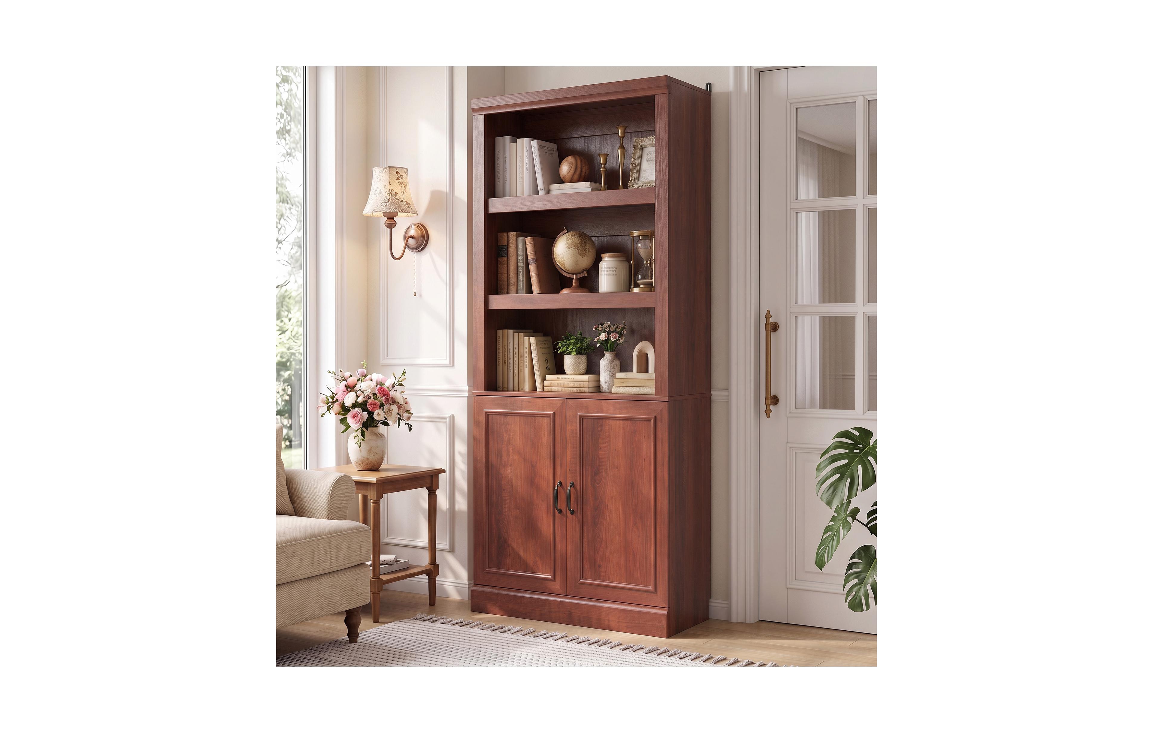 Aheaplus 5-Tier Bookcase with Doors, Storage Cabinet Adjustable Shelves