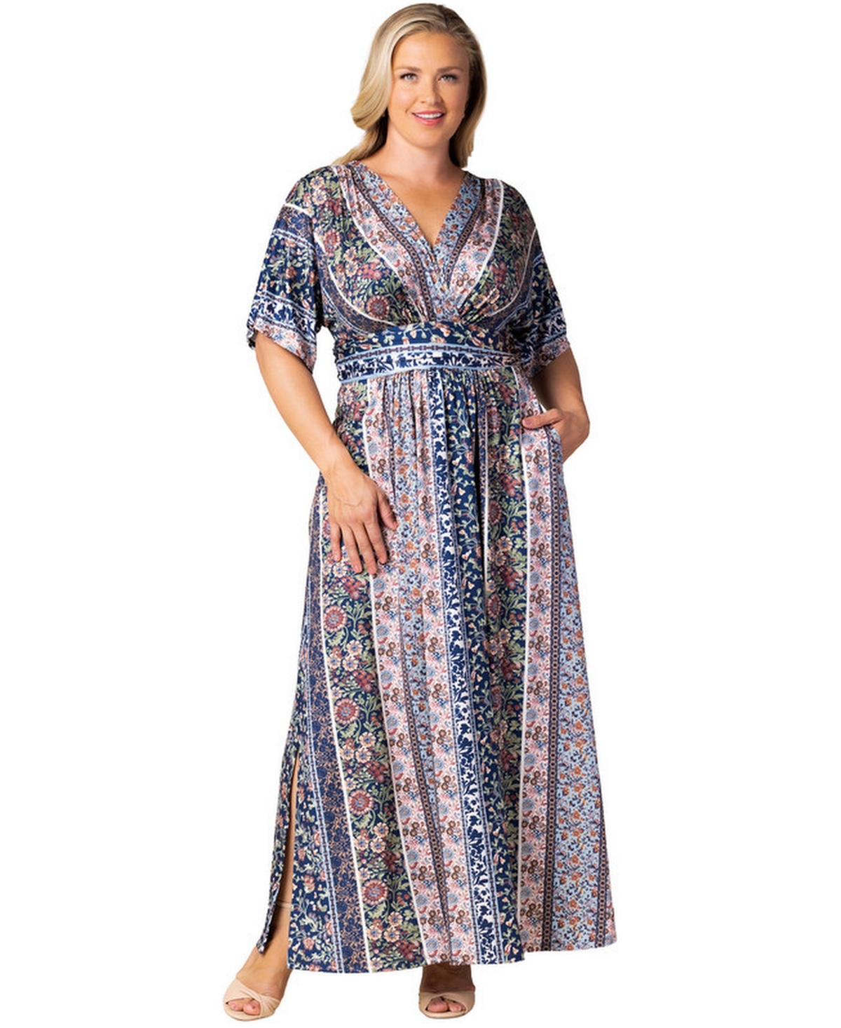 Kiyonna Women's Plus Size Vienna Kimono Sleeve Long Maxi Dress - Navy floral stripes