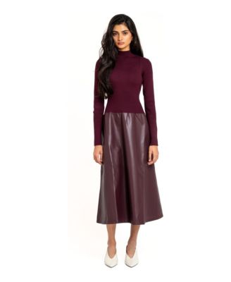 Women's Lorelei Faux Leather Skirt Mock-Neck Long-Sleeve Dress