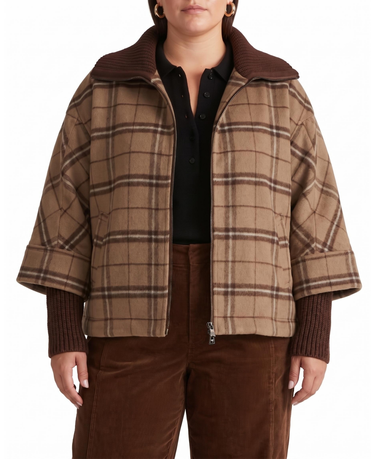 Universal Standard Plus Size Utopia Wool-Blend Funnel-Neck Cocoon Coat - Brown torino plaid