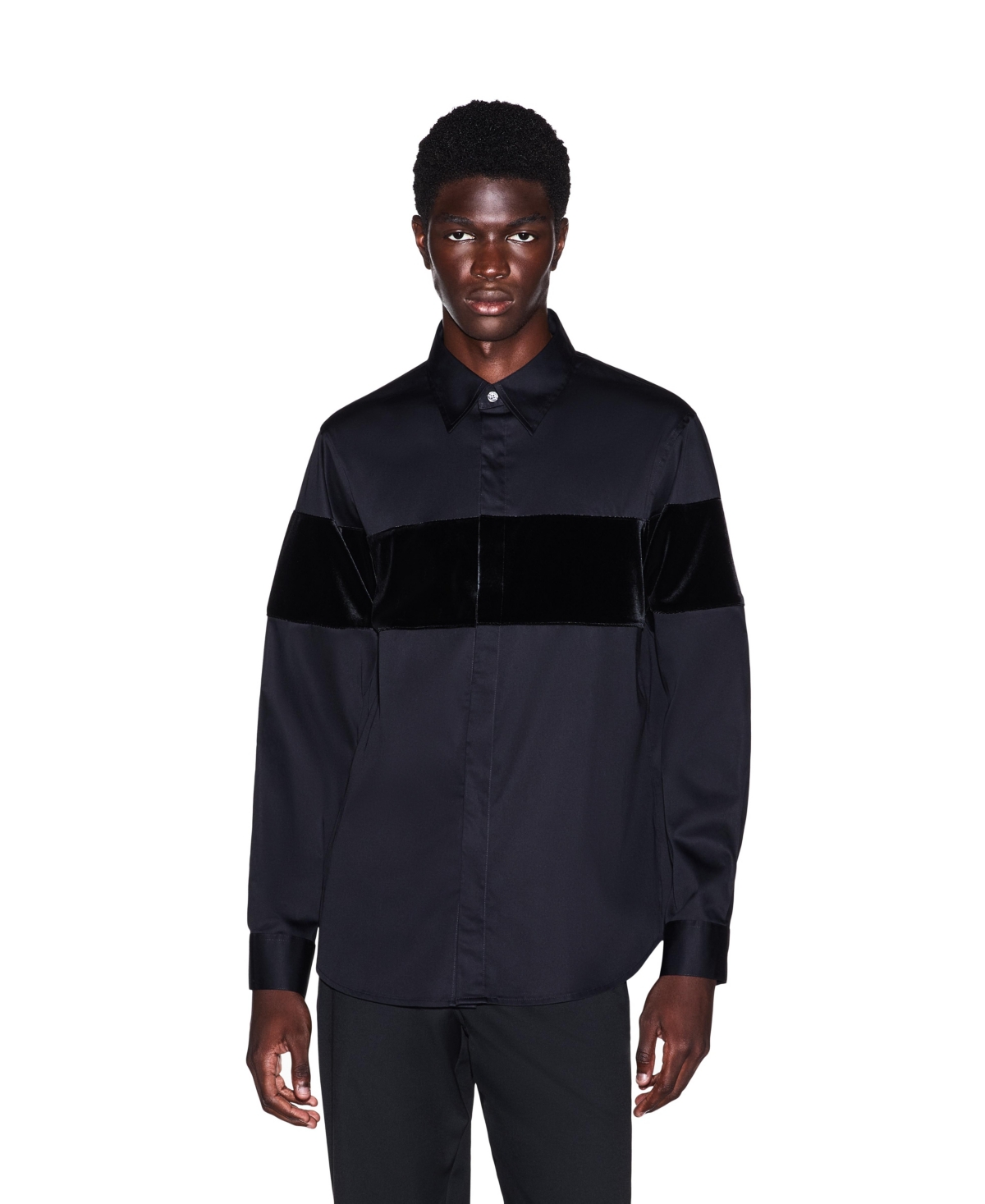 A|X Armani Exchange Men's Stretch Colorblock Velvet-Detailed Long-Sleeve Button-Down Shirt - Black