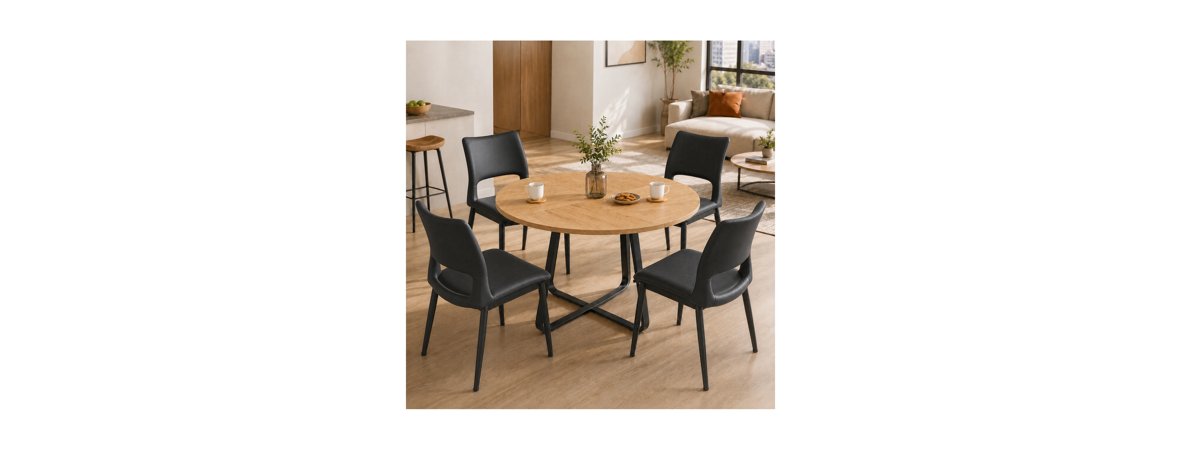 Streamdale Furniture 43.3" Wooden Round Dining Table and 4 Pu Leather Chairs Set