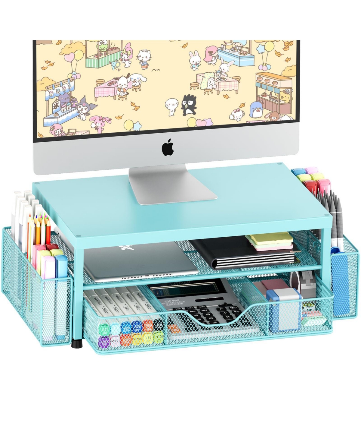 Four Candies 2 Tier Monitor Stand Riser With Drawer Pen Holders Desk Organizer For Office Supplies - Teal blue 14" x 9.1" x 5.6"