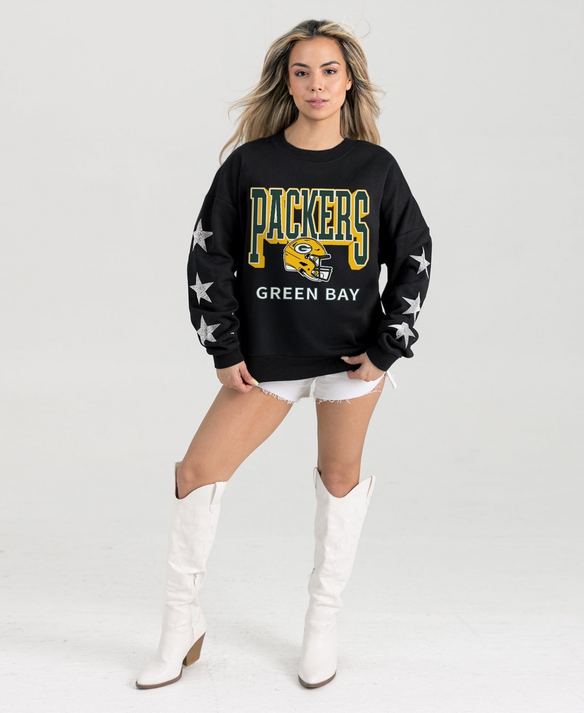 Gameday Couture Women's Black Green Bay Packers Pure Victory Rhinestud Star-Sleeve Pullover Sweatshirt - Black