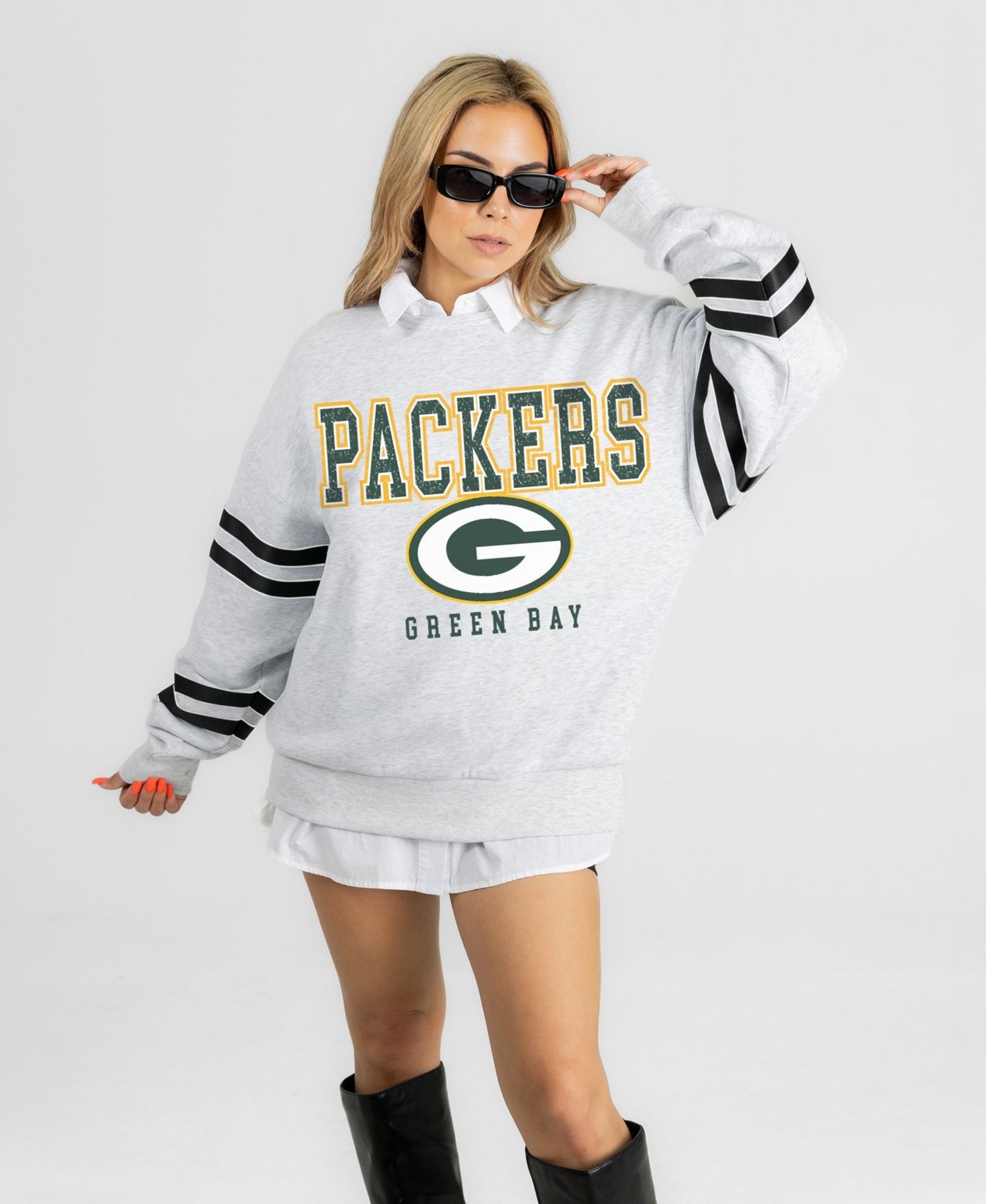 Женская толстовка Gameday Couture Ash Green Bay Packers Stadium Stripes Oversized Fleece — фото 4