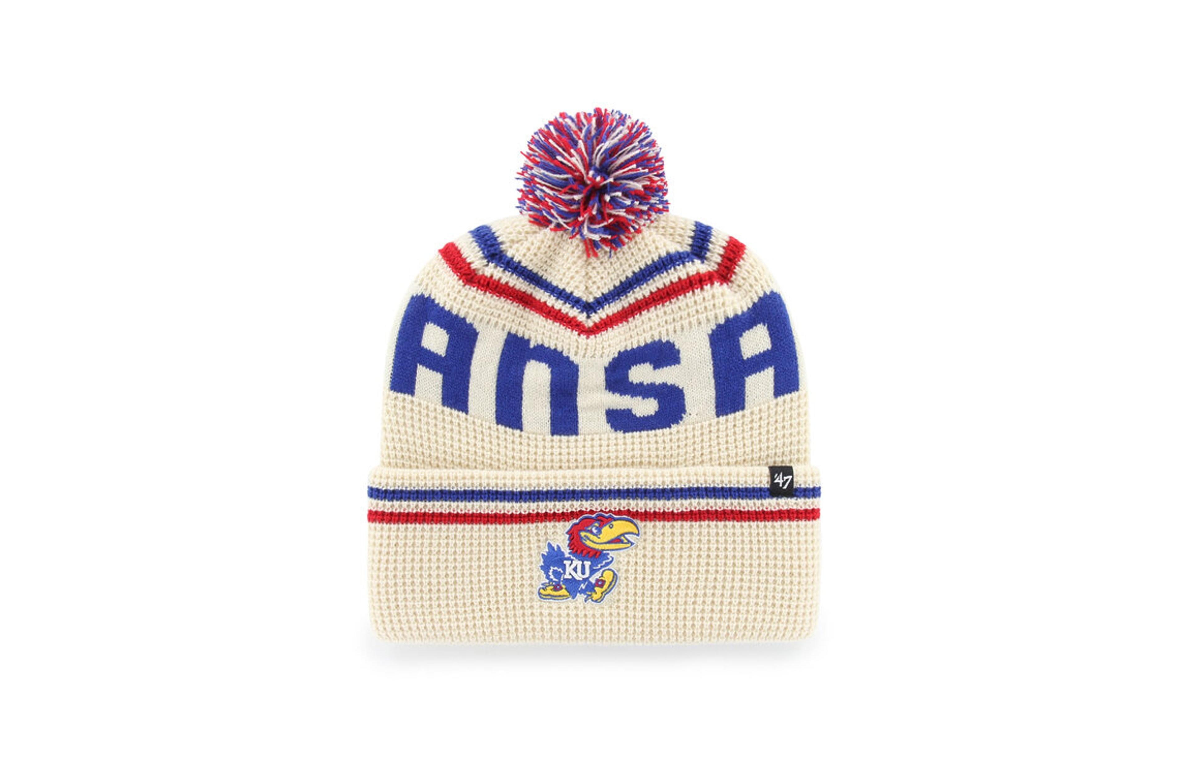 '47 Brand Men's and Women's Cream Kansas Jayhawks Quattrle Waffle Cuffed Knit Pom Hat