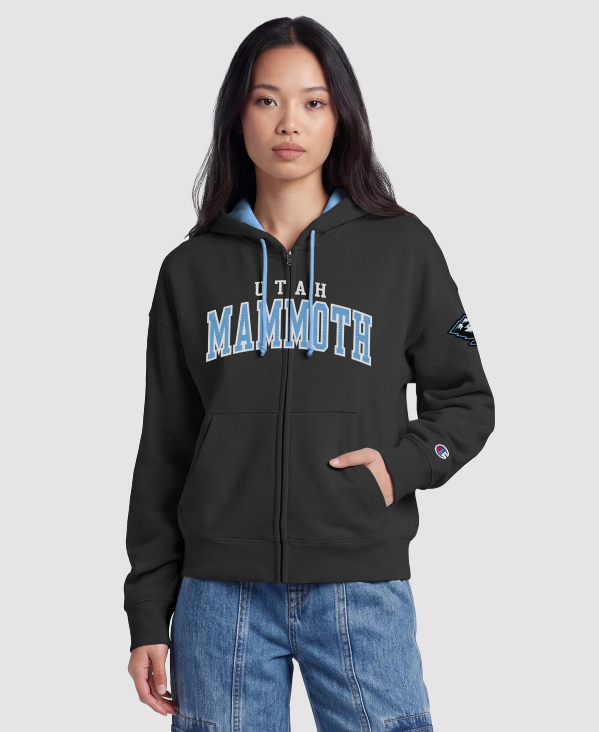 Champion Women's Black/Light Blue Utah Mammoth Applique Full-Zip Fleece Hoodie - Black, Light Blue