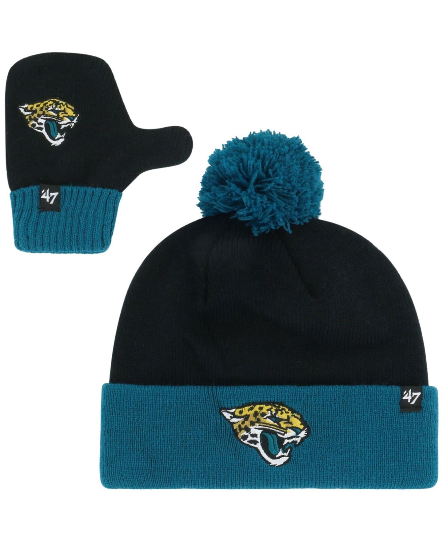 '47 Brand Toddler Black Jacksonville Jaguars Bam Bam Cuffed Knit Pom Hat & Mittens Set — фото 1