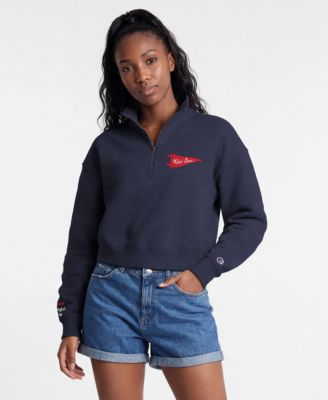 Women's Navy Boston Red Sox Triumph Tri-Blend Fleece Cropped Quarter-Zip Pullover