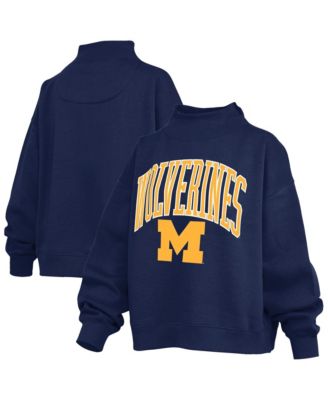 Women's Navy Michigan Wolverines Oversized Slogan Fleece Mock Neck Sweatshirt