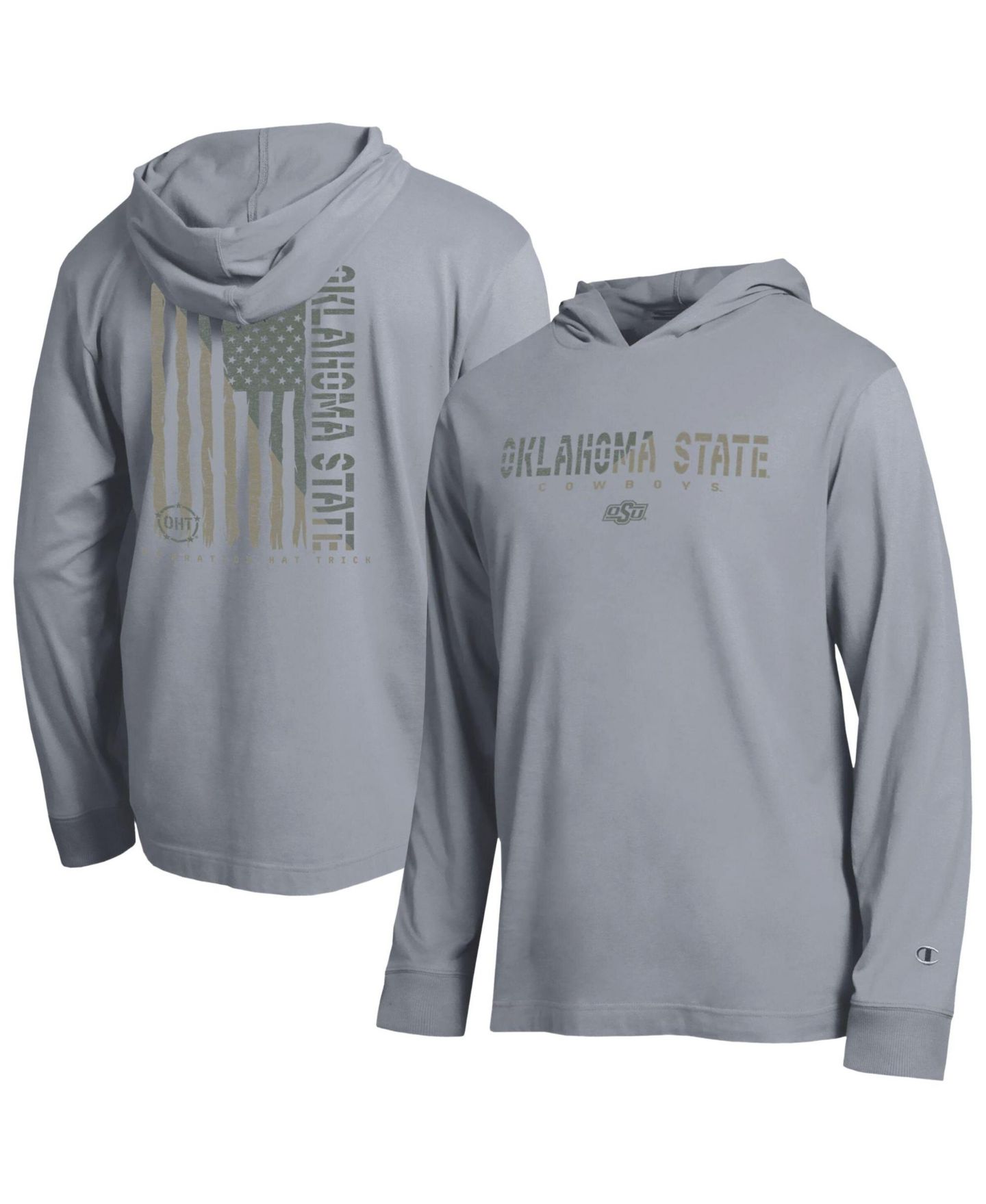 Мужская футболка Champion Heather Gray Oklahoma State Cowboys Operation Hat Trick Flag Hooded Long-Sleeve — фото 1