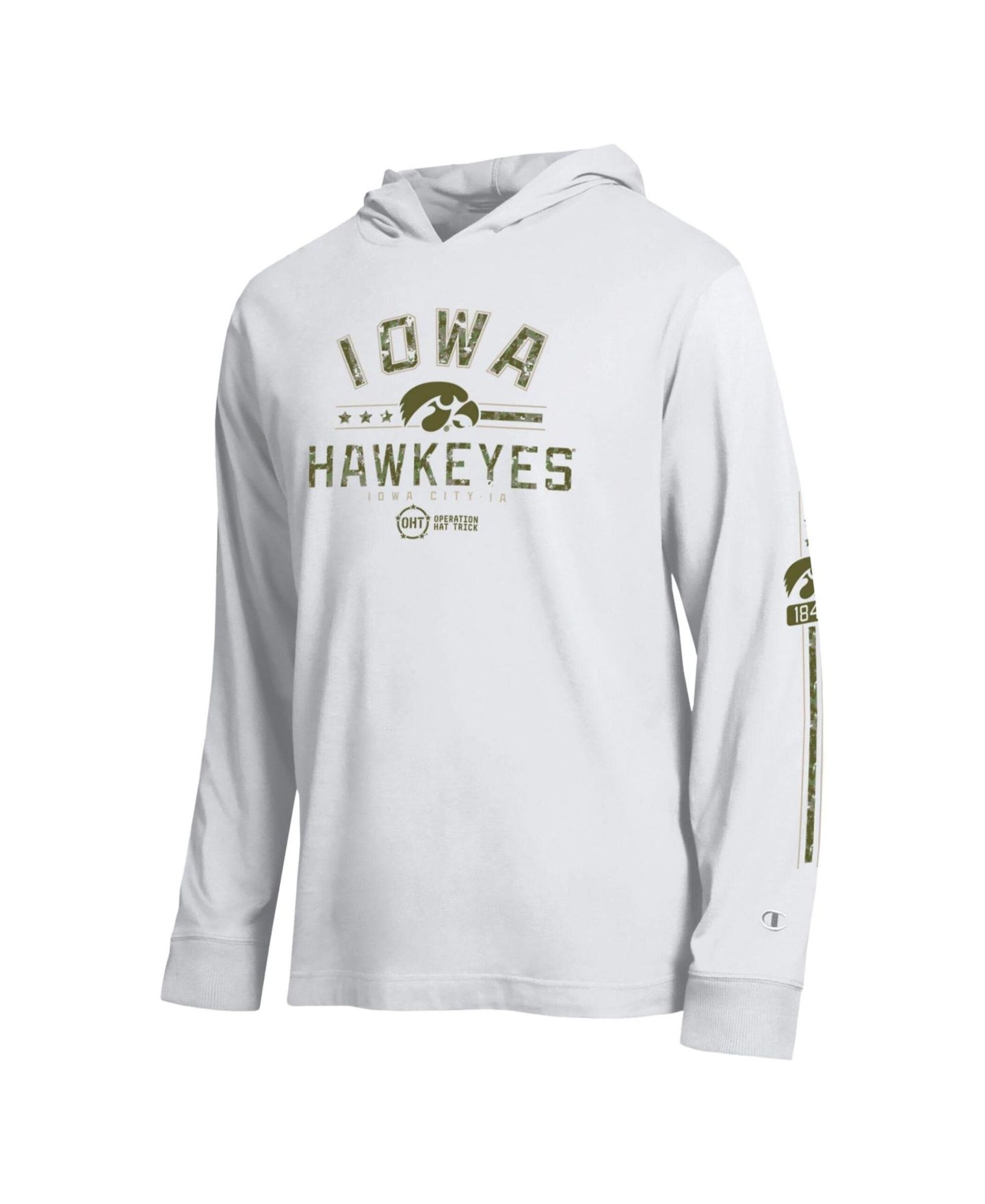Мужская футболка Champion White Iowa Hawkeyes Operation Hat Trick Sleeve Line Hooded Long-Sleeve — фото 2