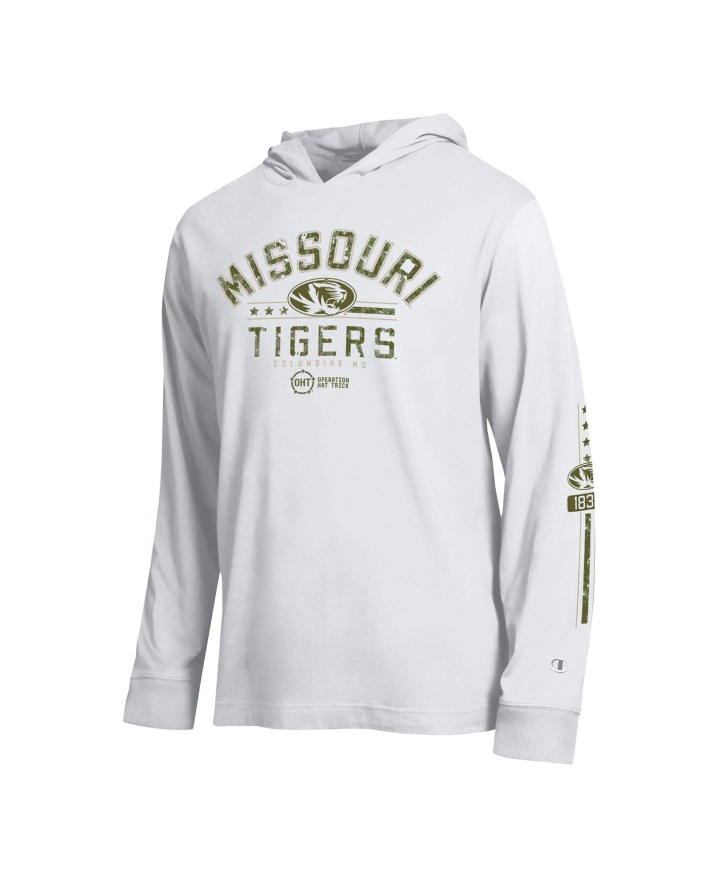 Мужская футболка Champion White Missouri Tigers Operation Hat Trick Sleeve Line Hooded Long-Sleeve — фото 2