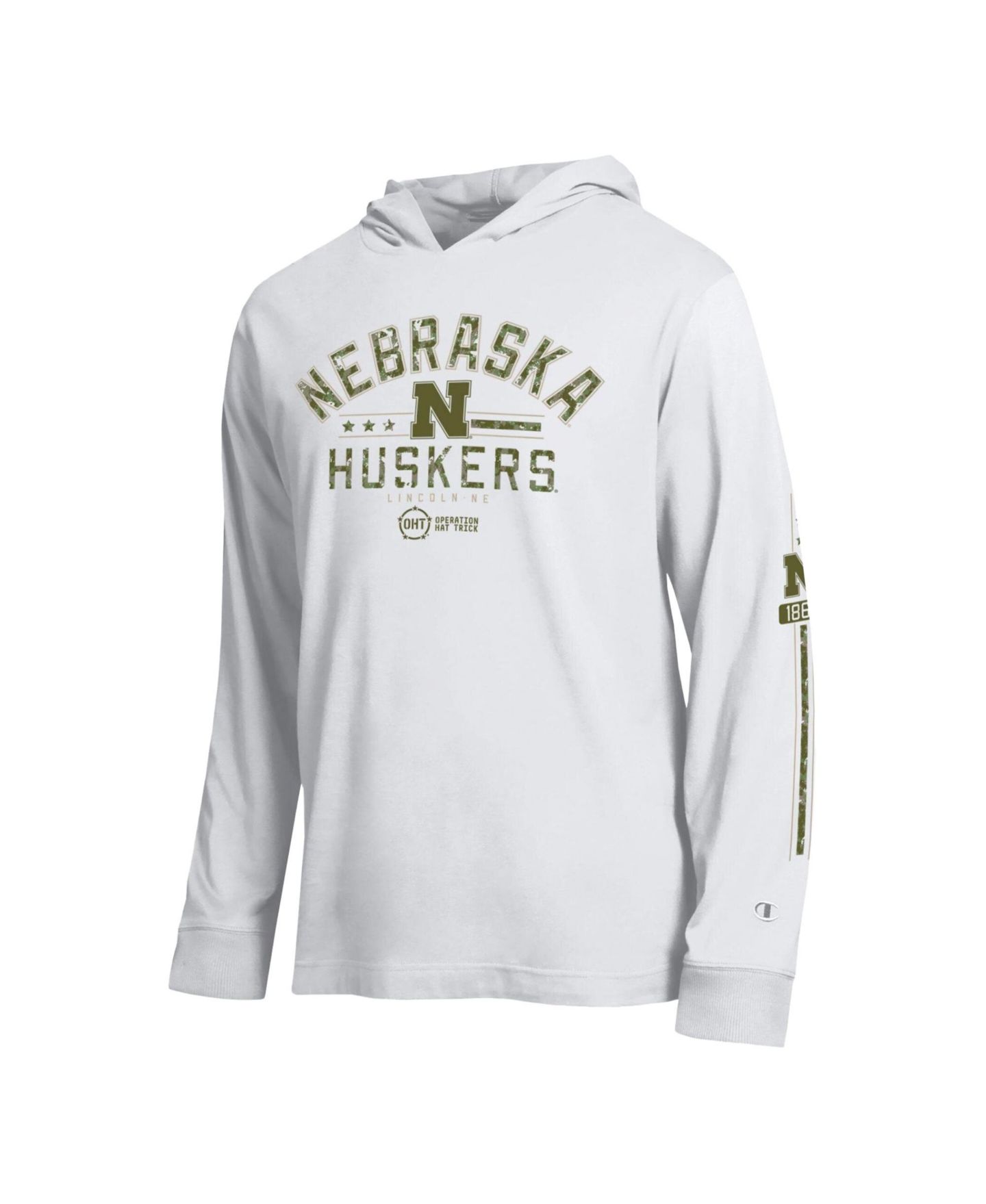 Мужская футболка Champion White Nebraska Huskers Operation Hat Trick Sleeve Line Hooded Long-Sleeve — фото 2