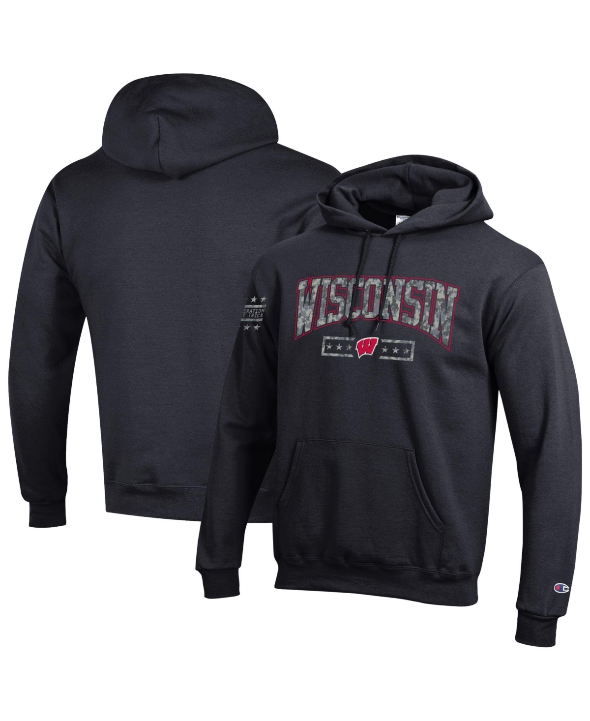Champion Men's Black Wisconsin Badgers Operation Hat Trick Camo Script Powerblend Fleece Hoodie - Black