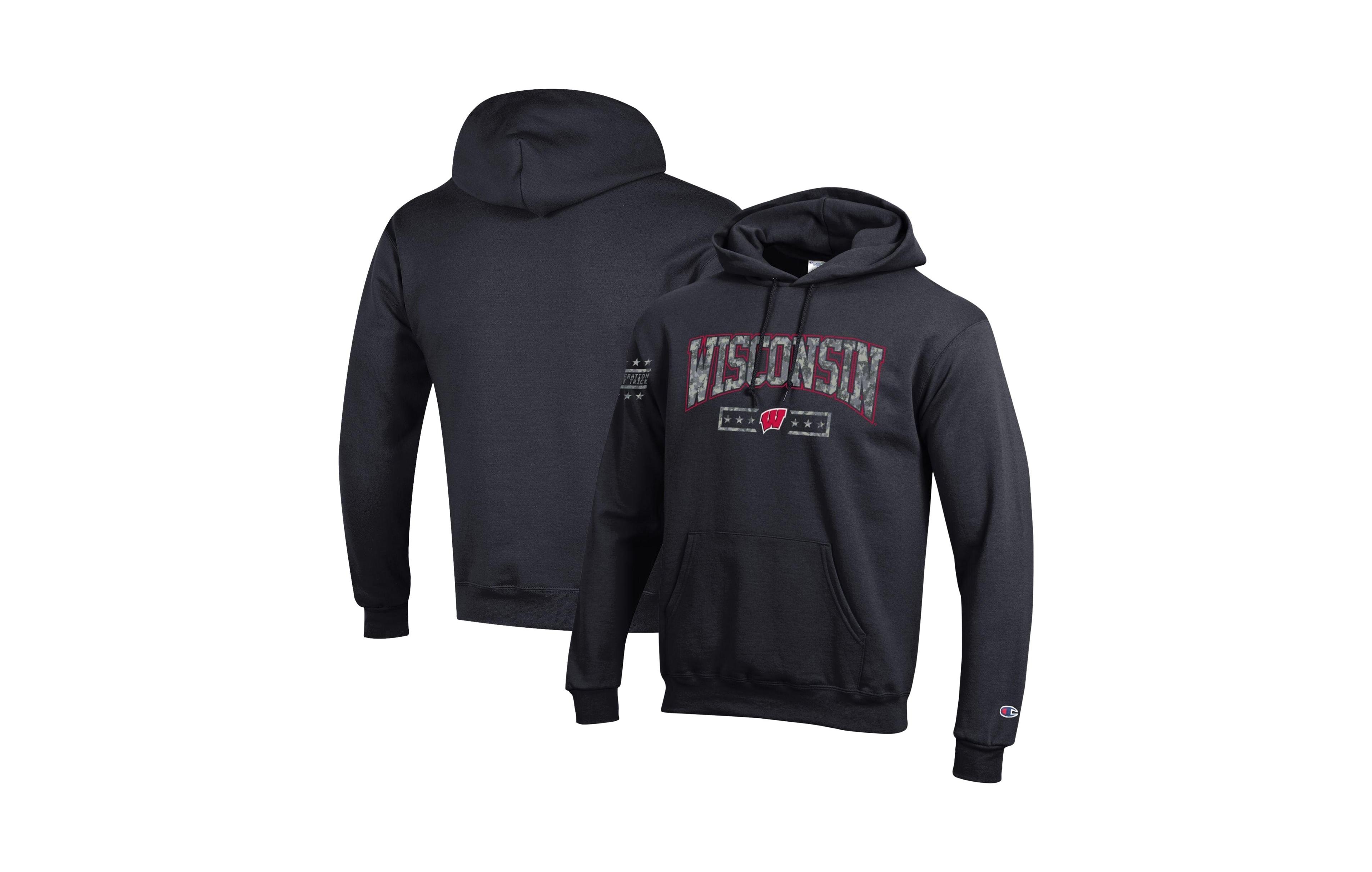 Champion Men's Black Wisconsin Badgers Operation Hat Trick Camo Script Powerblend Fleece Hoodie