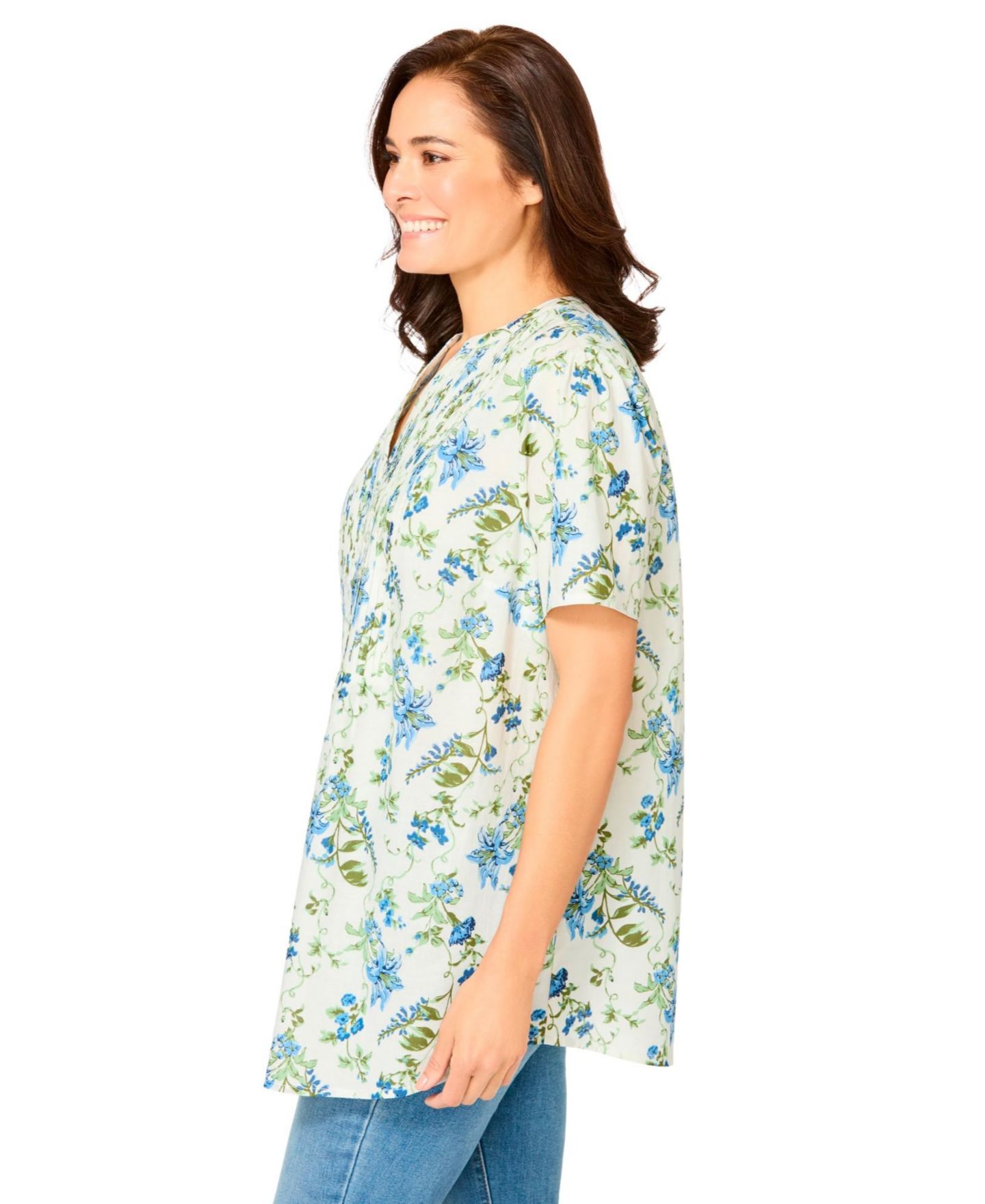 Женский топ Woman Within Plus Size Pintucked Half-Button Tunic, цвет: Синий с принтом — фото 4
