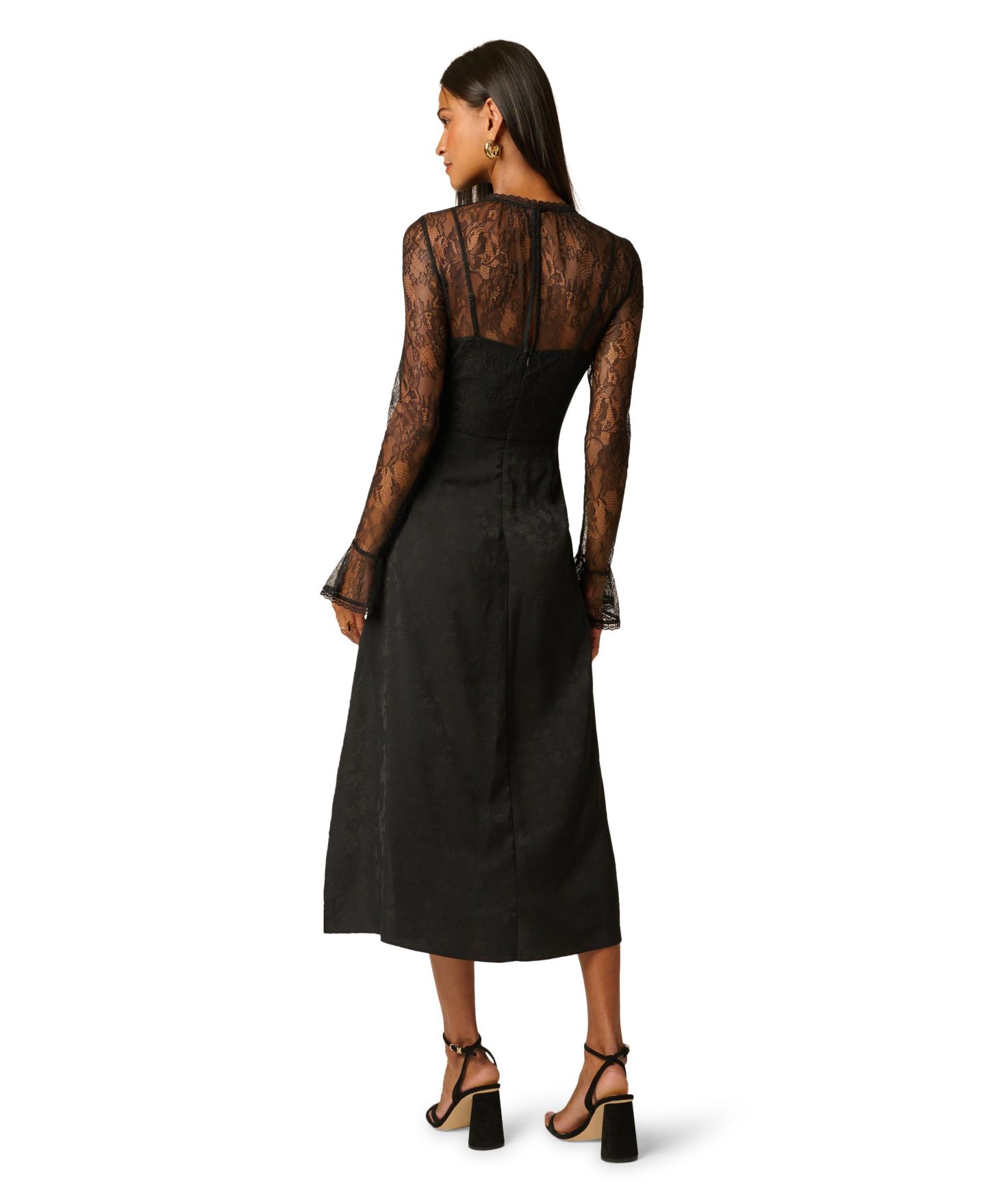 Женское платье Adrianna Papell Combo Satin Ankle Long-Sleeve Lace A-Line, цвет: Чёрный — фото 5