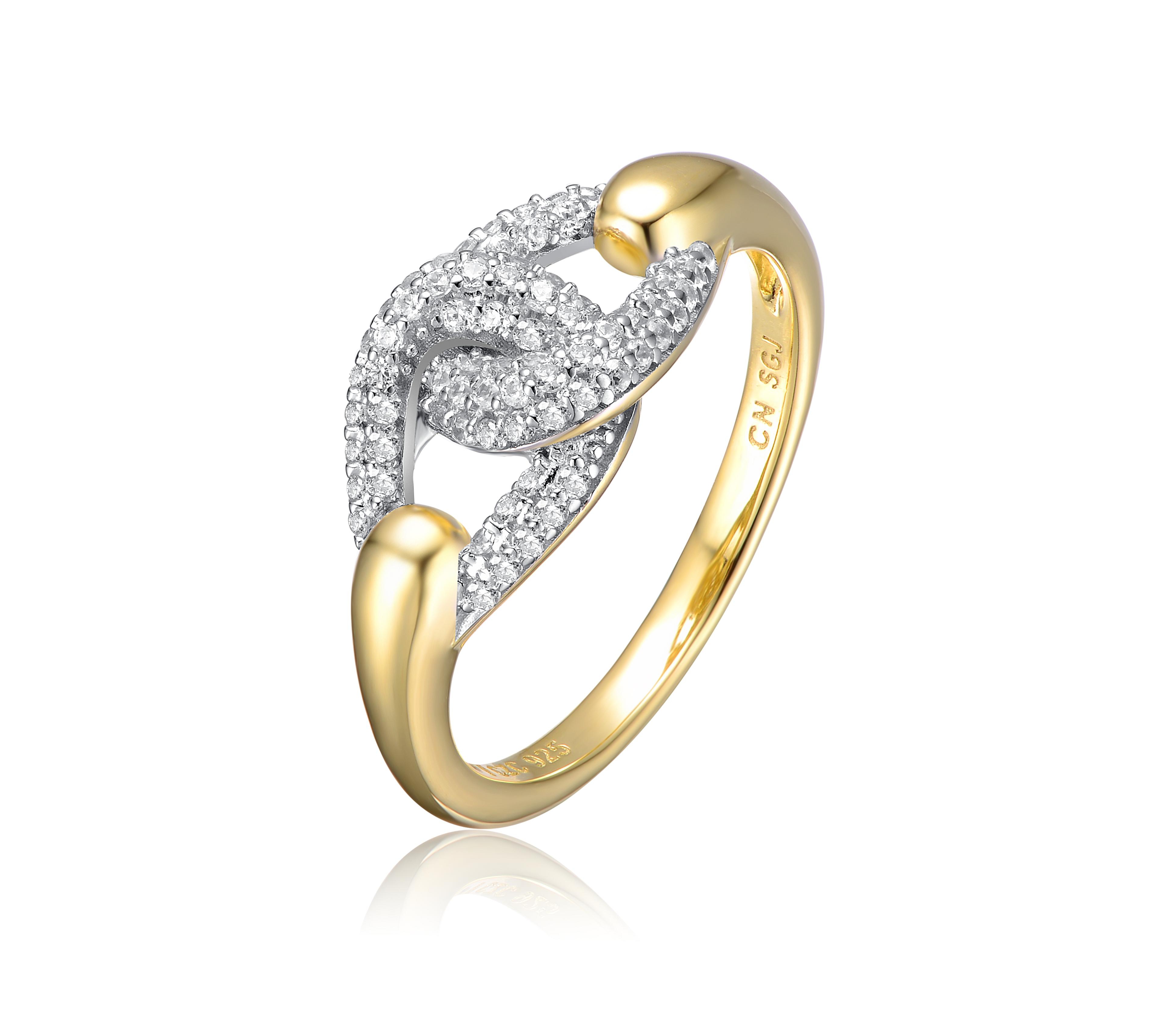 Sterling Silver 14k Yellow Gold Plated with Cubic Zirconia Entwined Double Curb Chain Ring