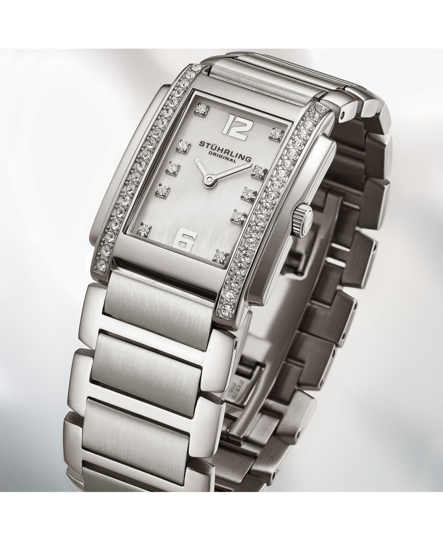 Женские часы Stuhrling Serafine 4089.1 Rectangular Quartz Watch, Mother-of-Pearl Dial & Swarovski Crystal Bezel, цвет: Белый — фото 5