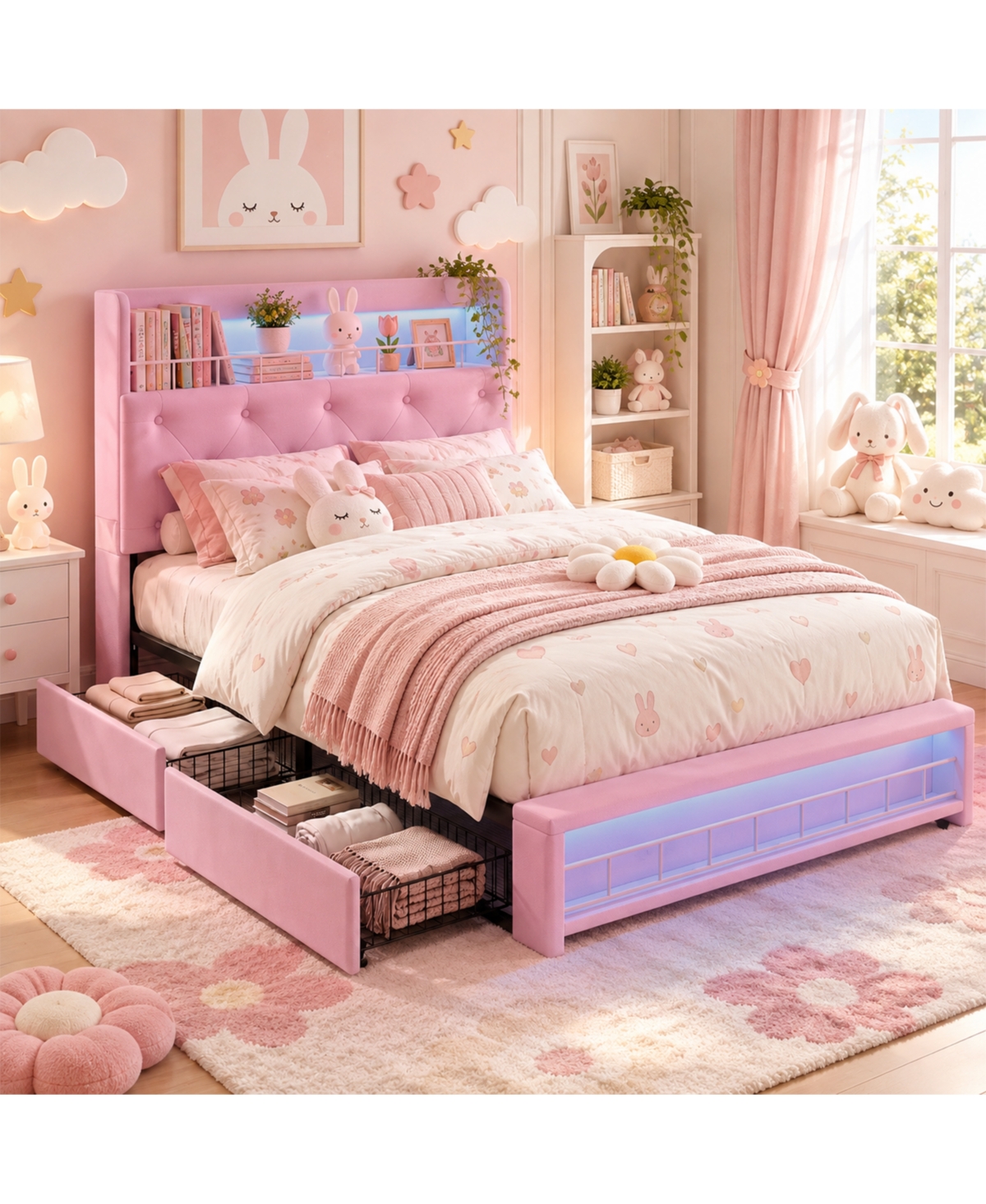 Gaomon Upholstered Platform Bed Frame With Tufted Headboard And Under-Bed Storage Drawers