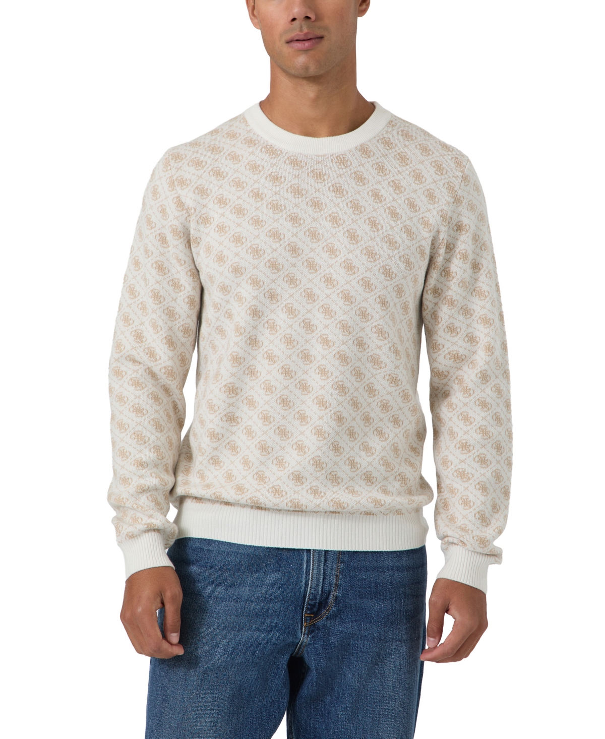Guess Men's Alan Crewneck Jacquard Regular-Fit Sweater - Salt White Multi