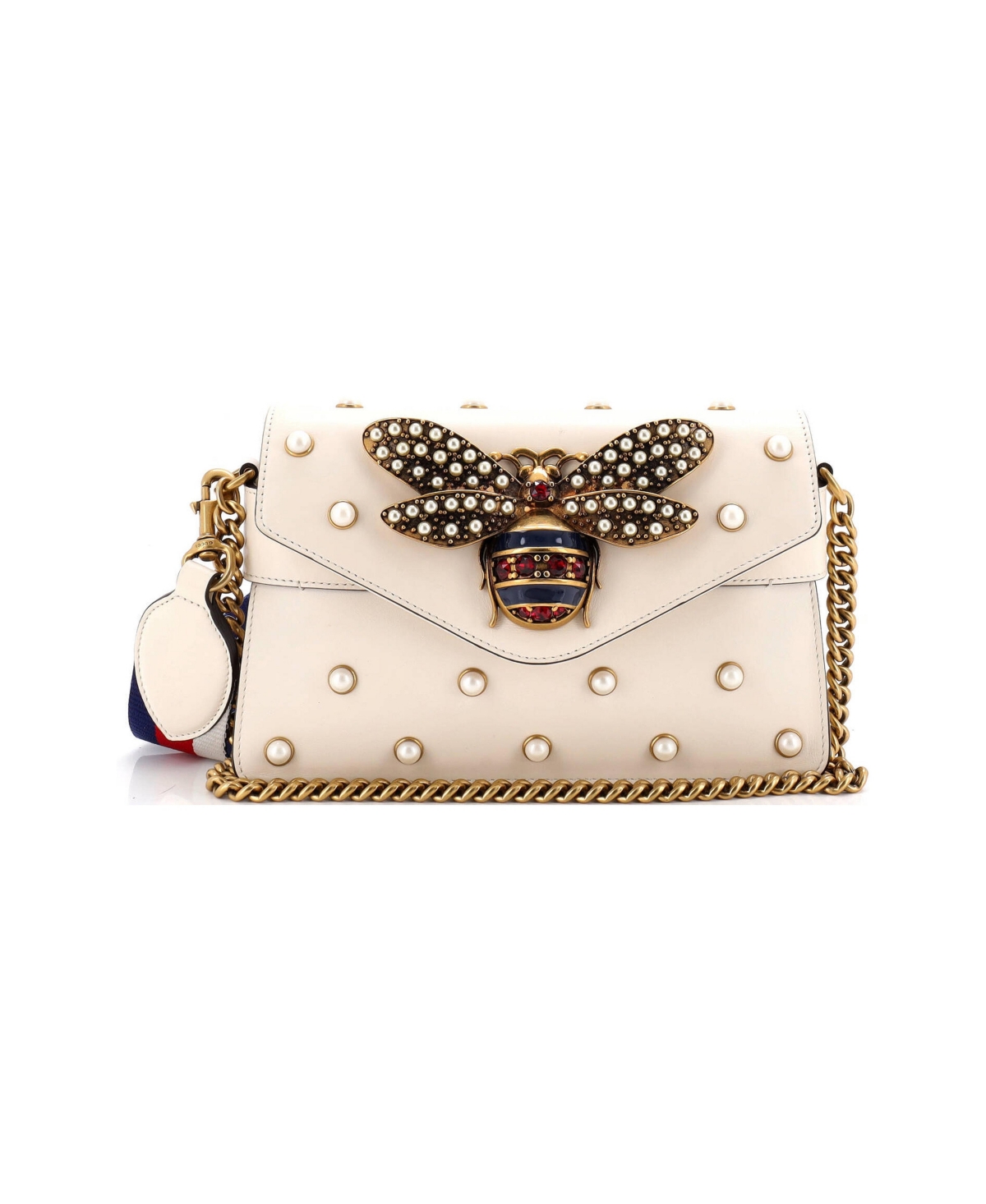Pre-Owned Gucci Mini Broadway Pearly Bee Shoulder Bag Embellished Leather - White