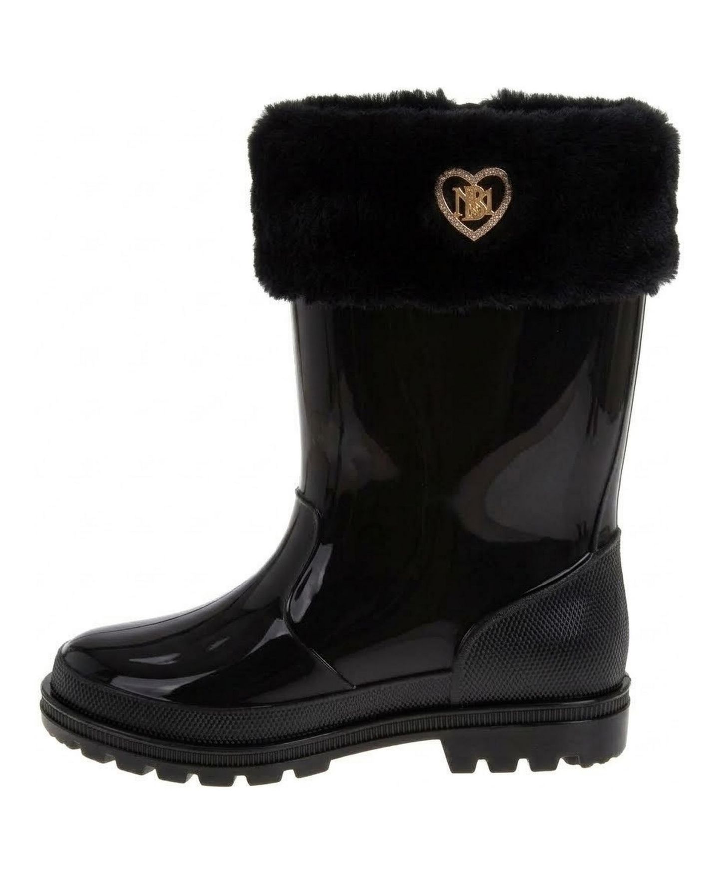 Ботинки Badgley Mischka Faux Fur Rain Boots, Glossy Waterproof Style Mid Calf with Lug Sole для девочек, цвет: Чёрный — фото 2